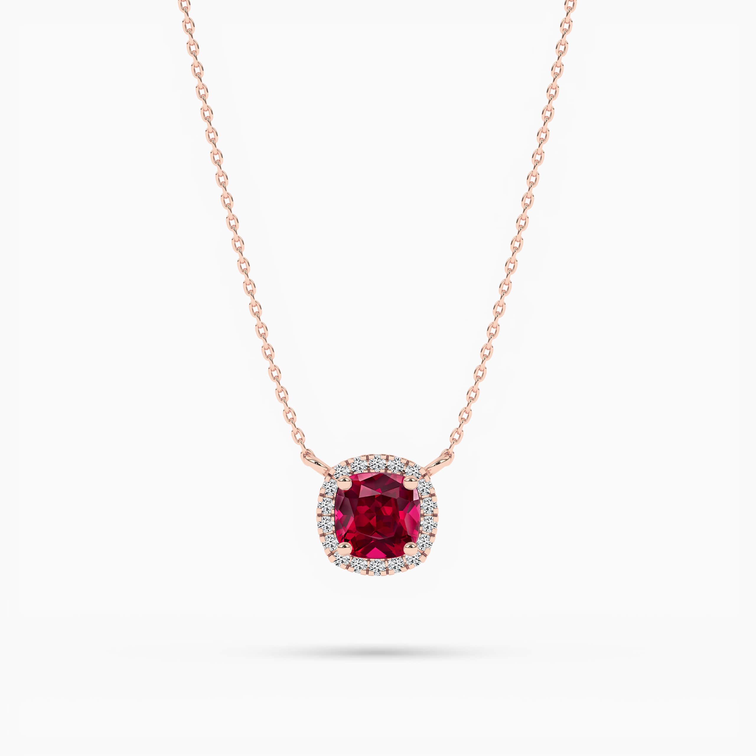 RUBY & DIAMOND HALO CUSHION PENDANT NECKLACE ROSE GOLD