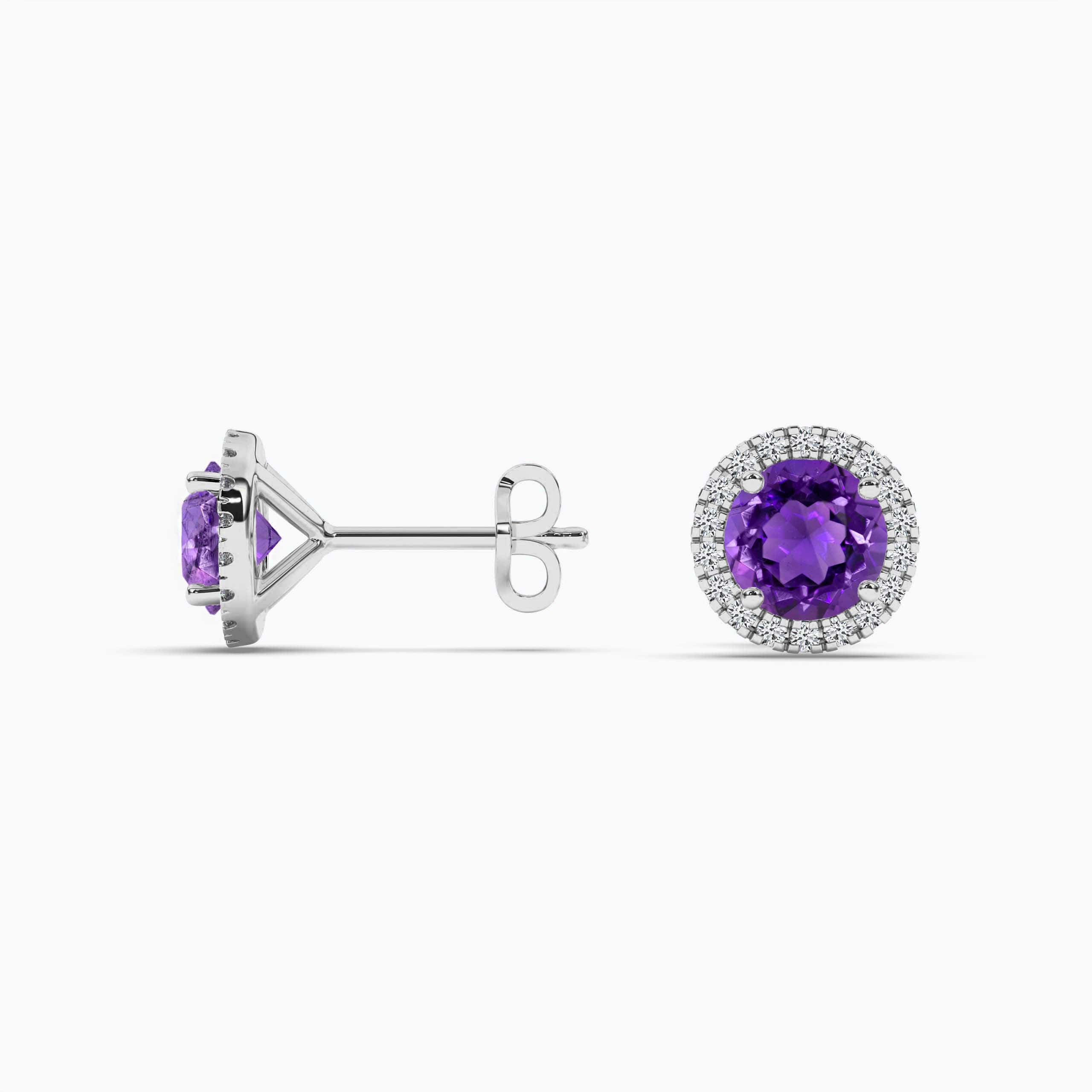 White Gold Round Amethyst and Diamond Halo Stud Earrings