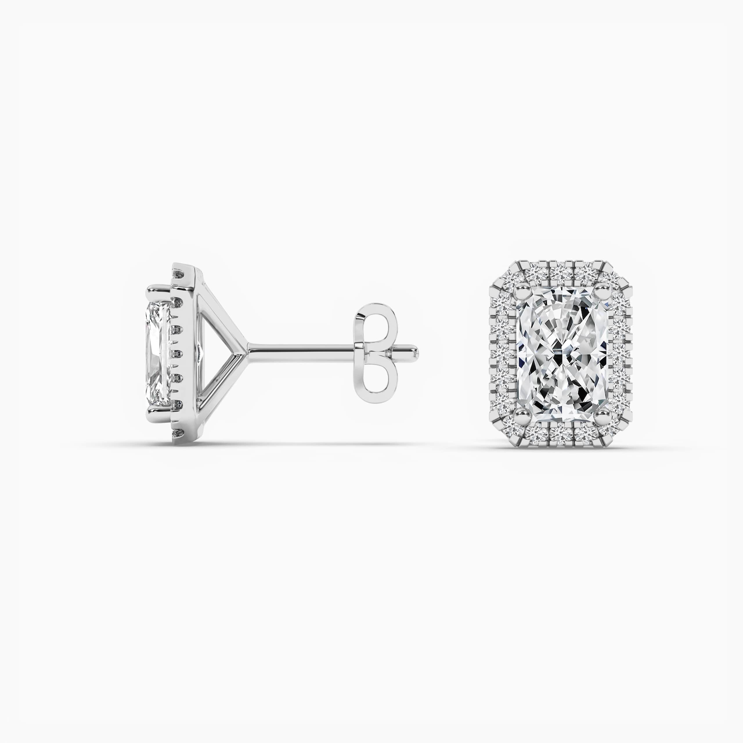 Radiant Cut Diamond Halo Earrings In White Gold