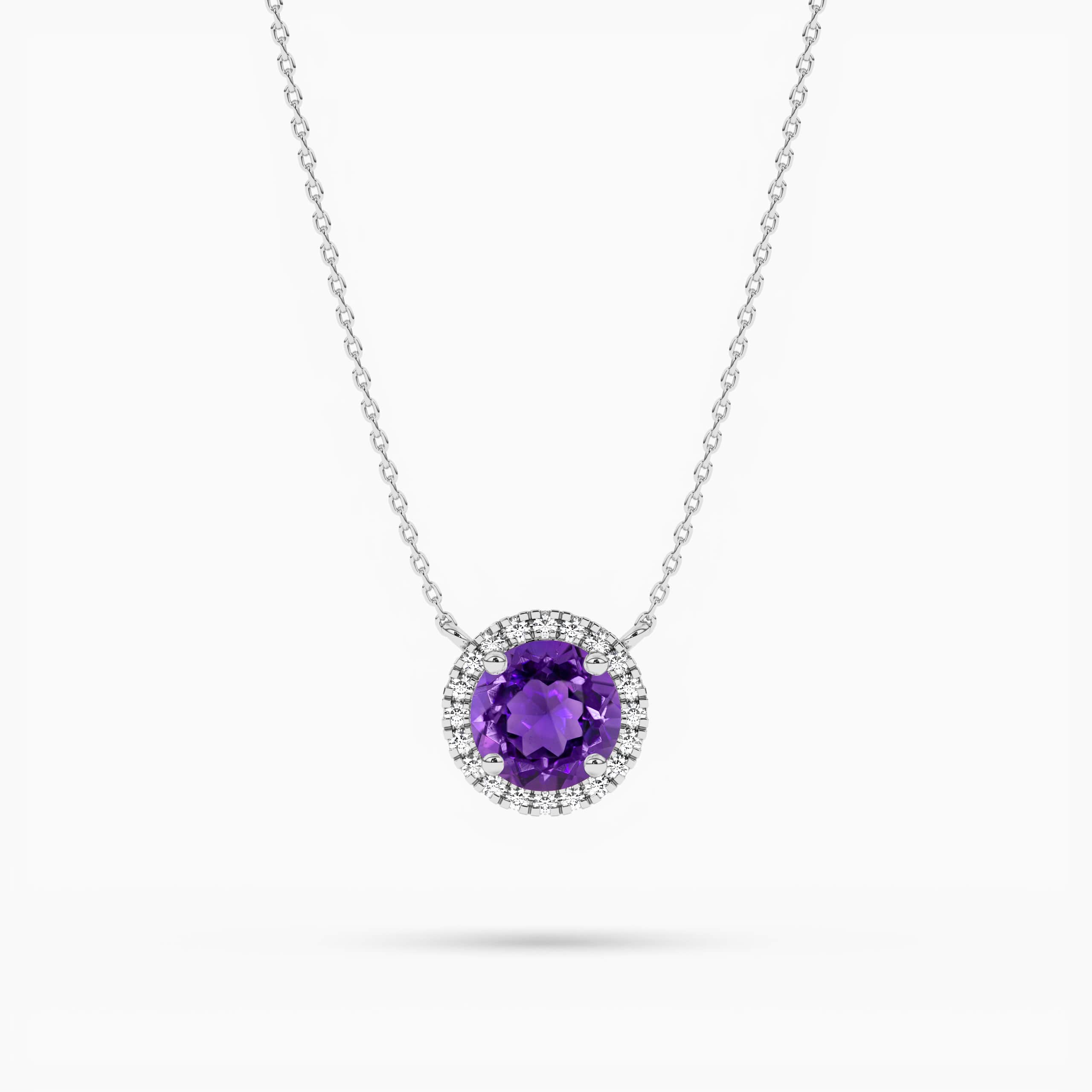 White Gold Round Amethyst and Diamond Halo Pendant Necklace