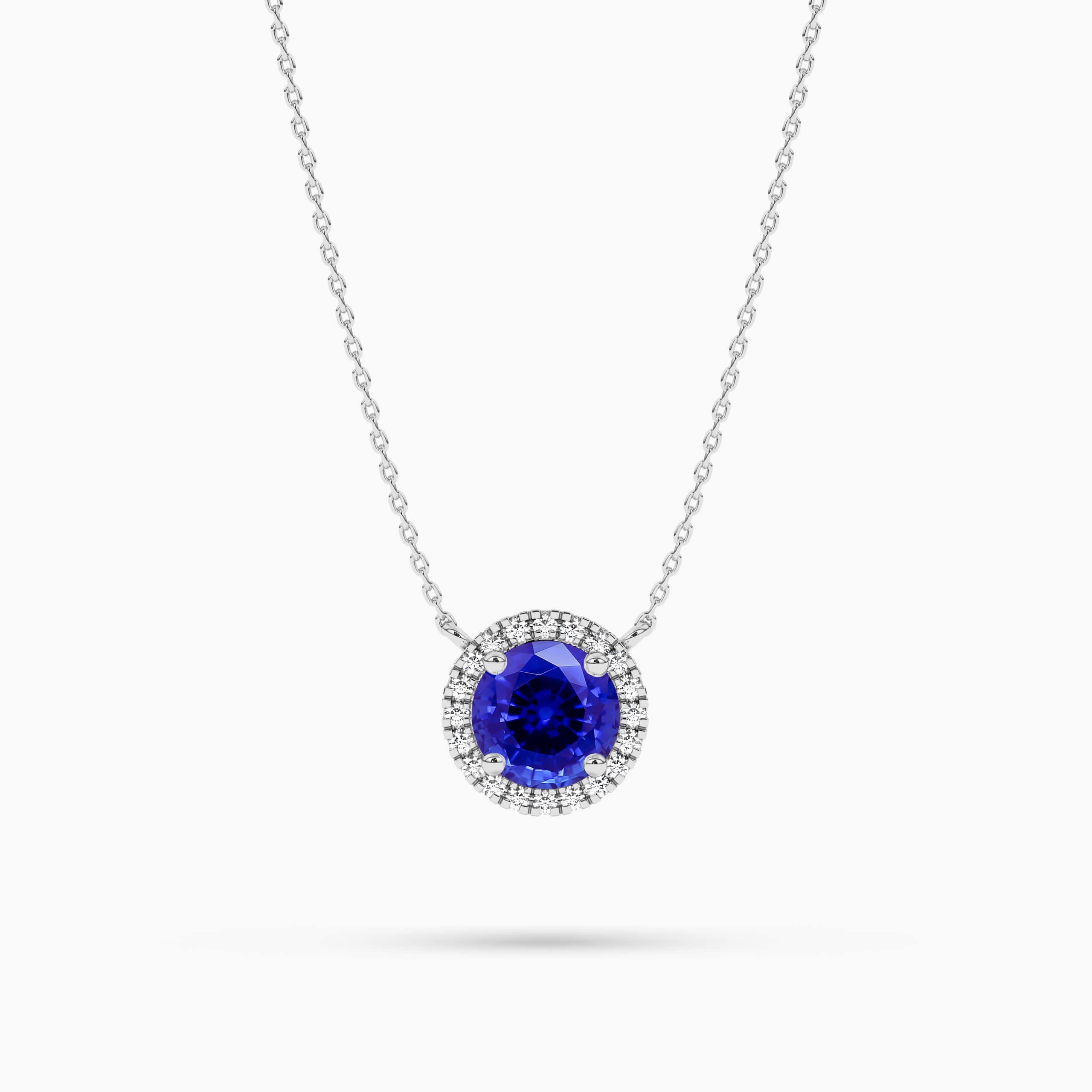 White Gold Round Blue Sapphire with Diamond Halo Necklace