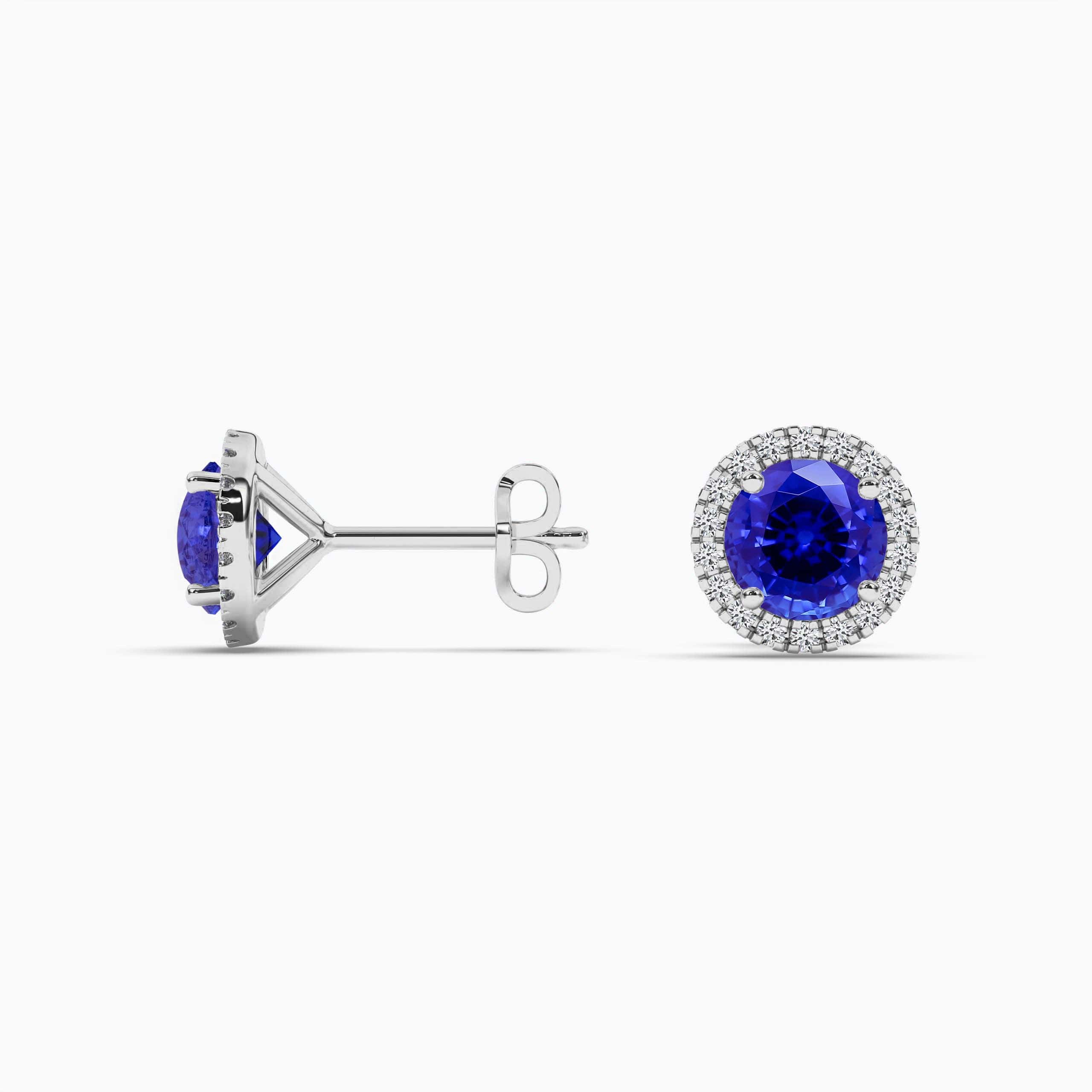 White Gold Round Blue Sapphire Diamond Halo Stud Earrings