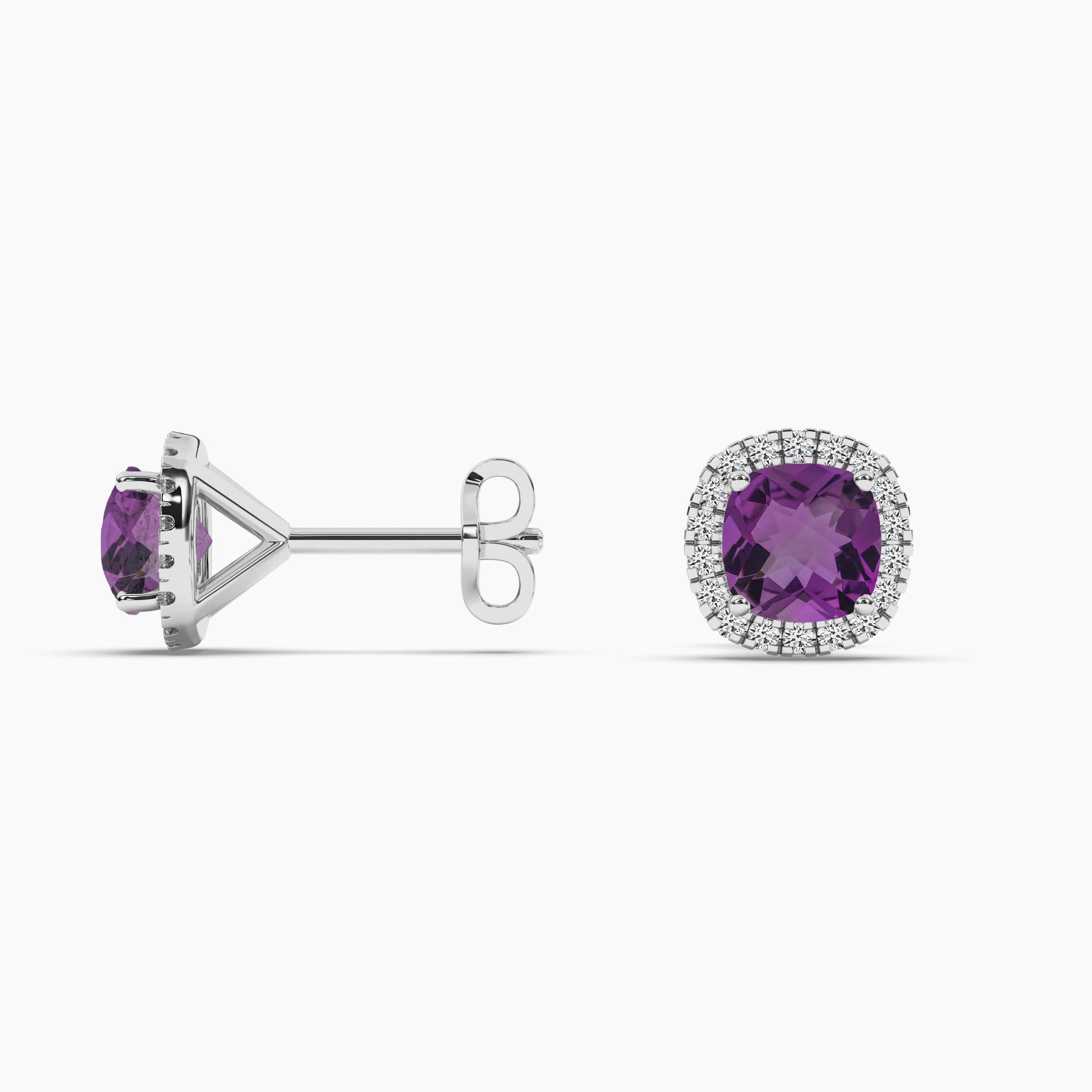 Cushion Amethyst And Diamond Halo Studs In White Gold