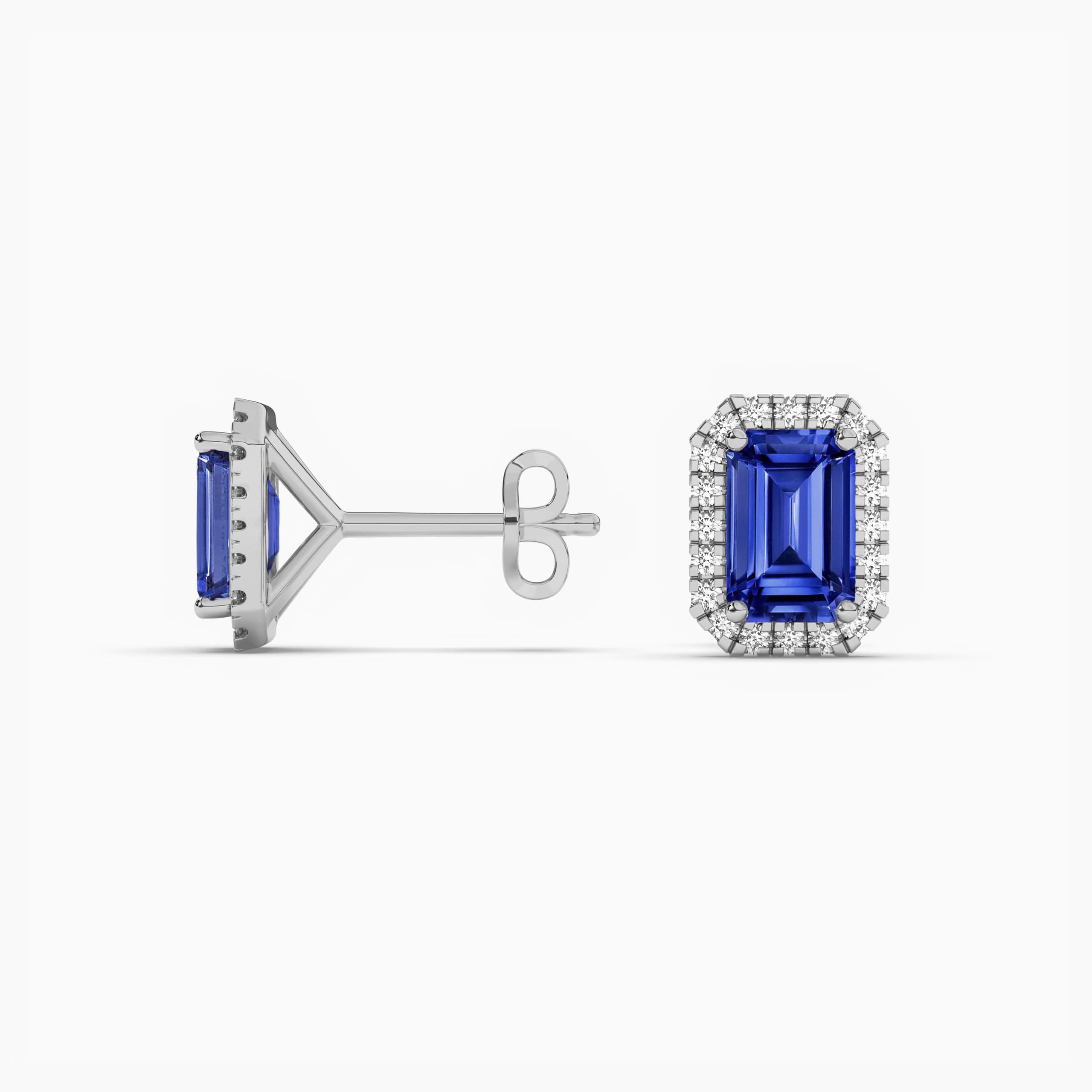 EMERALD CUT BLUE SAPPHIRE & DIAMOND HALO EARRINGS WHITE GOLD 