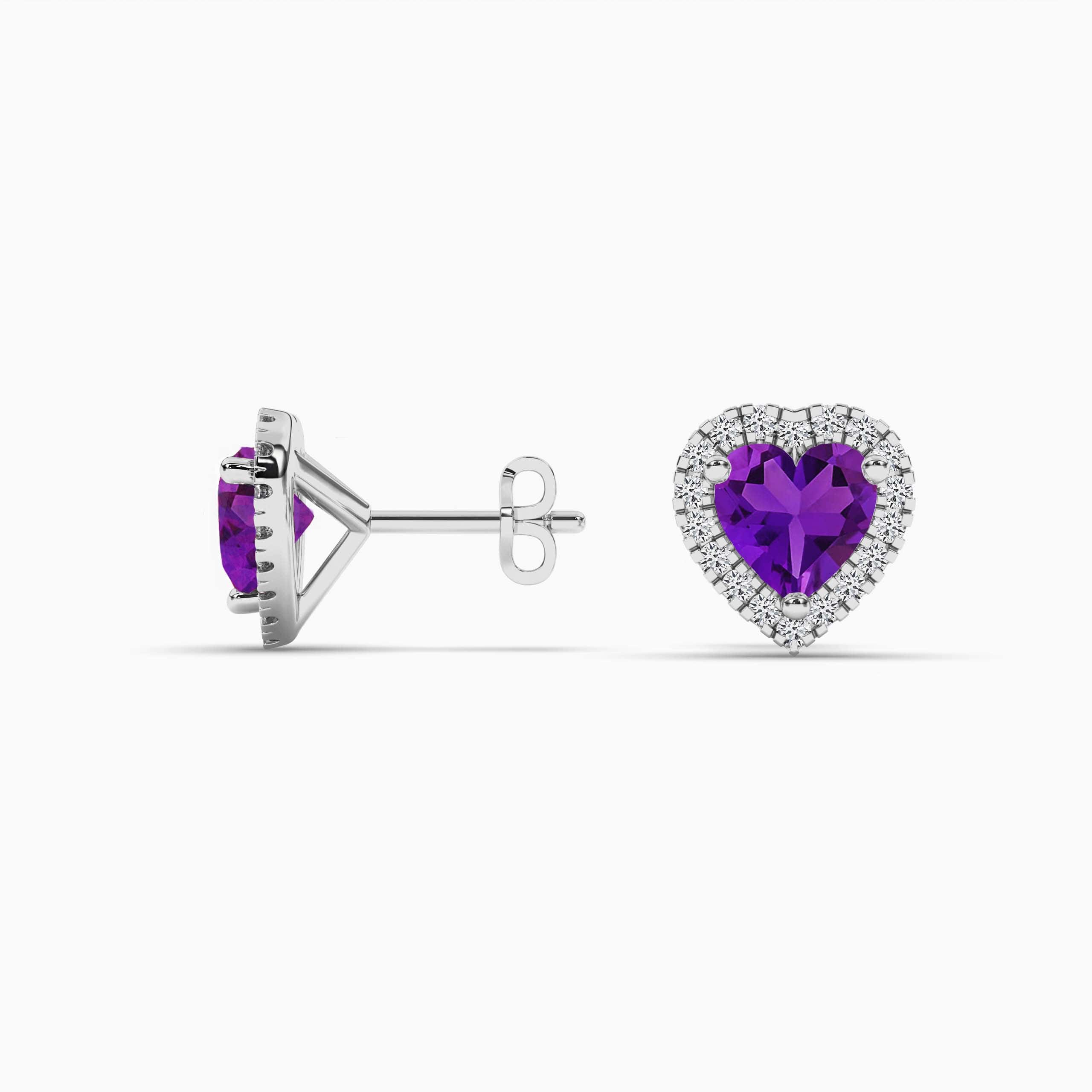 White Gold Heart Cut Amethyst Gemstone with Round Diamonds Halo Stud Earrings