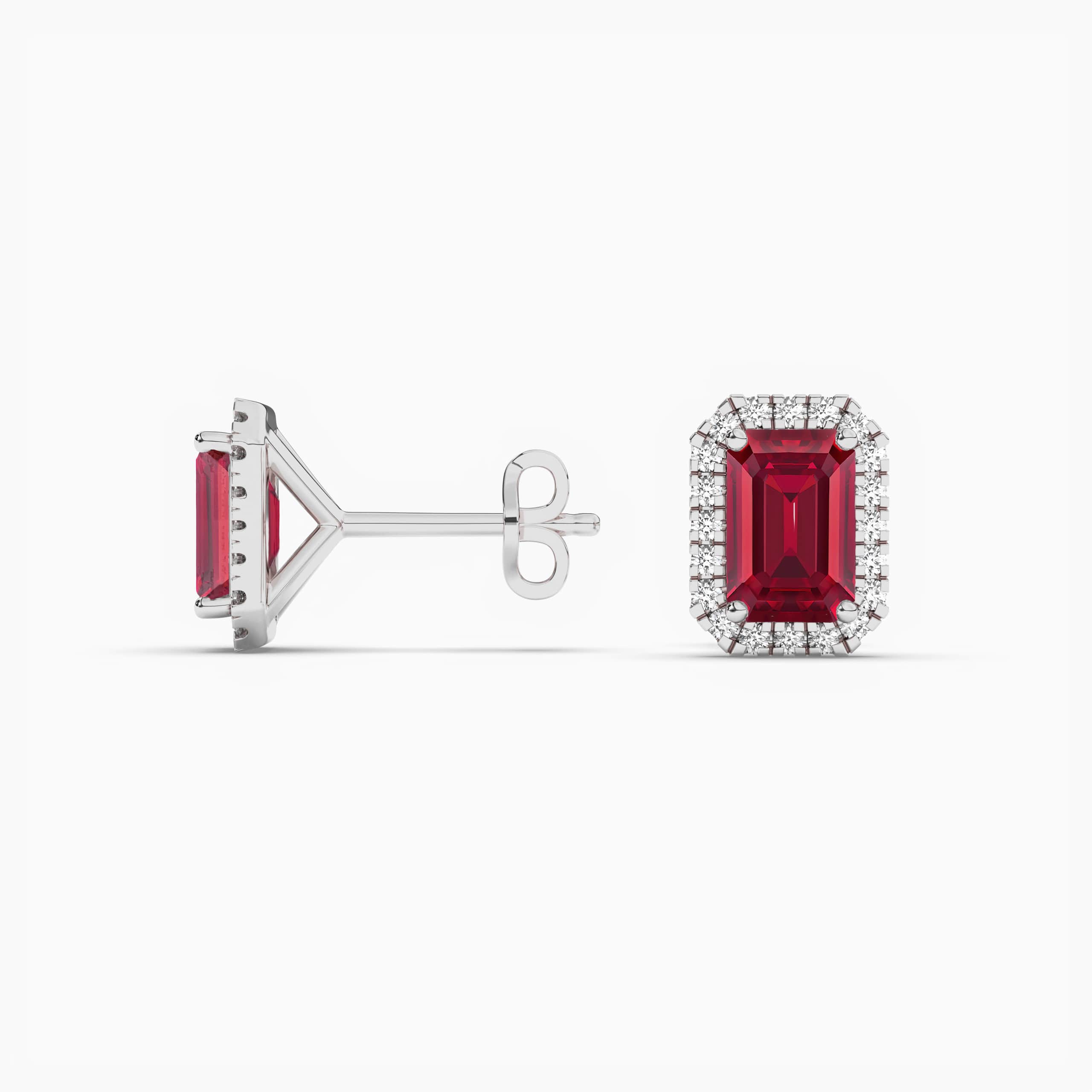 EMERALD CUT RUBY & DIAMOND HALO EARRINGS WHITE GOLD