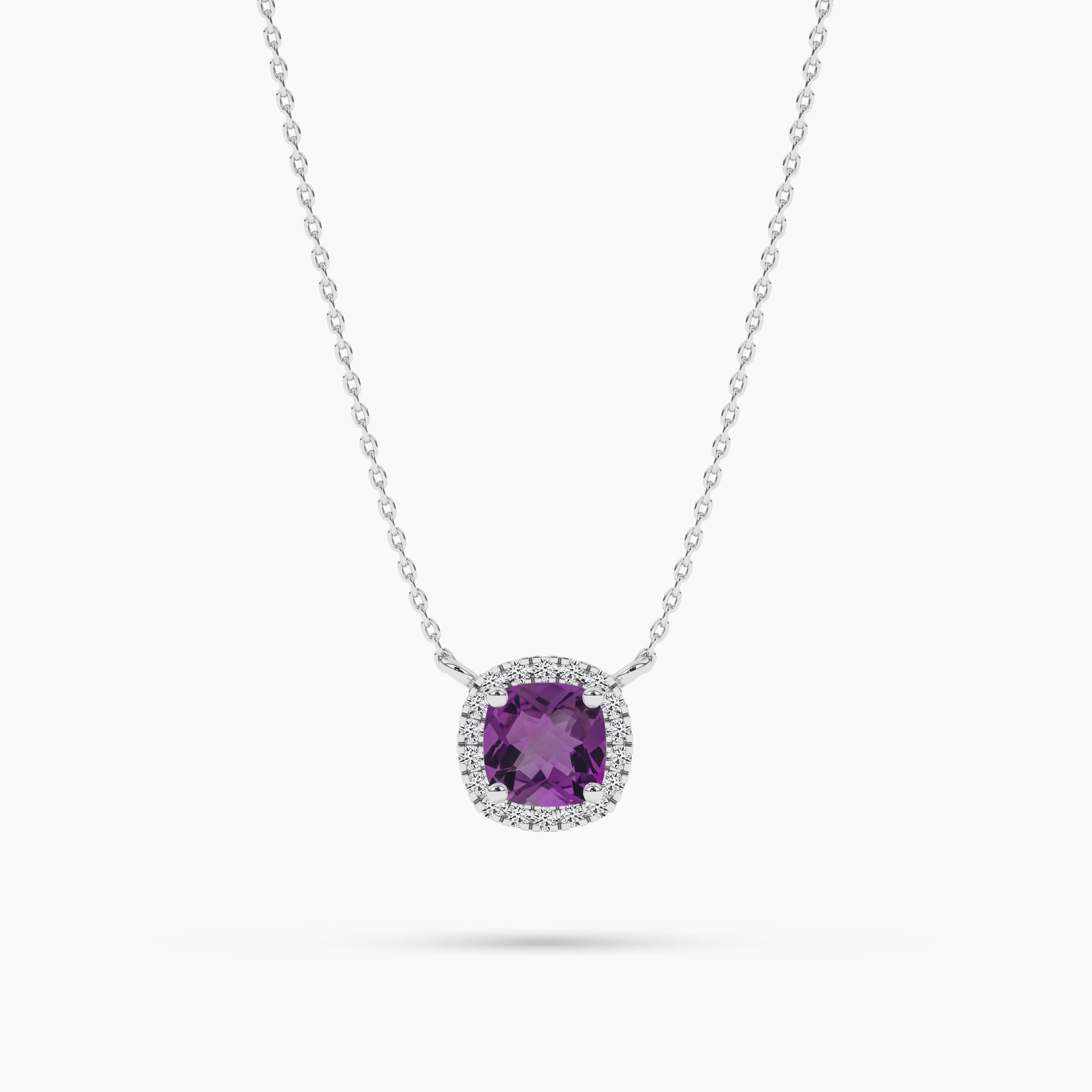 white gold cushion amethyst and diamond halo pendant