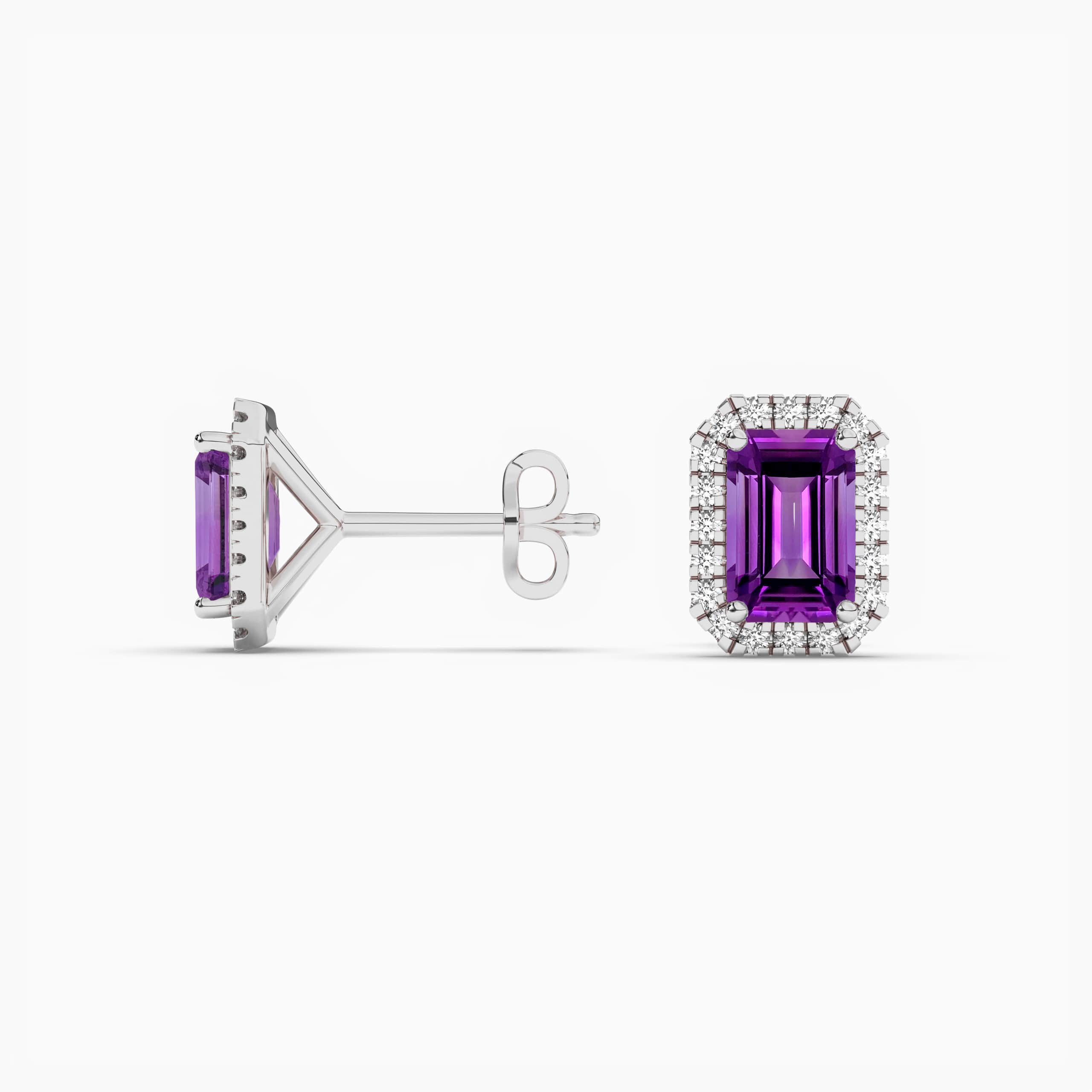 EMERALD CUT AMETHYST & DIAMOND HALO EARRINGS WHITE GOLD