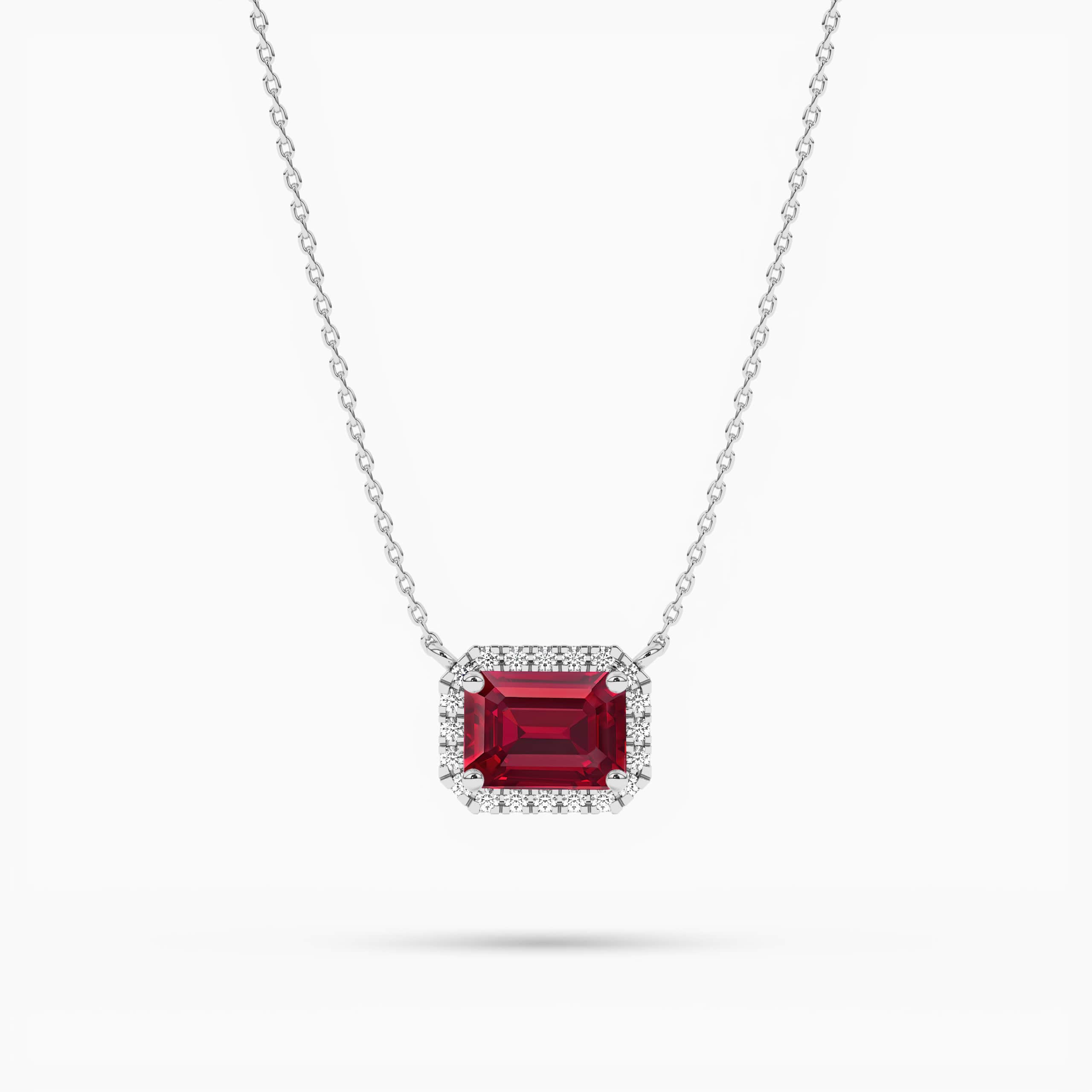 Diamond Halo Emerald-Cut Ruby Pendant Necklace White Gold