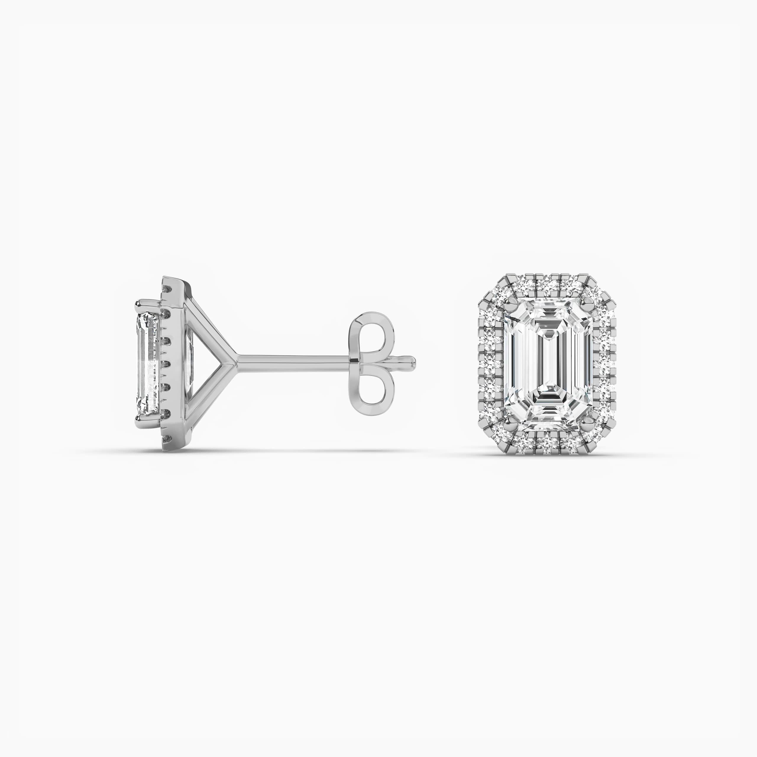 Emerald-Cut Diamond Double Halo Stud Earrings in White Gold