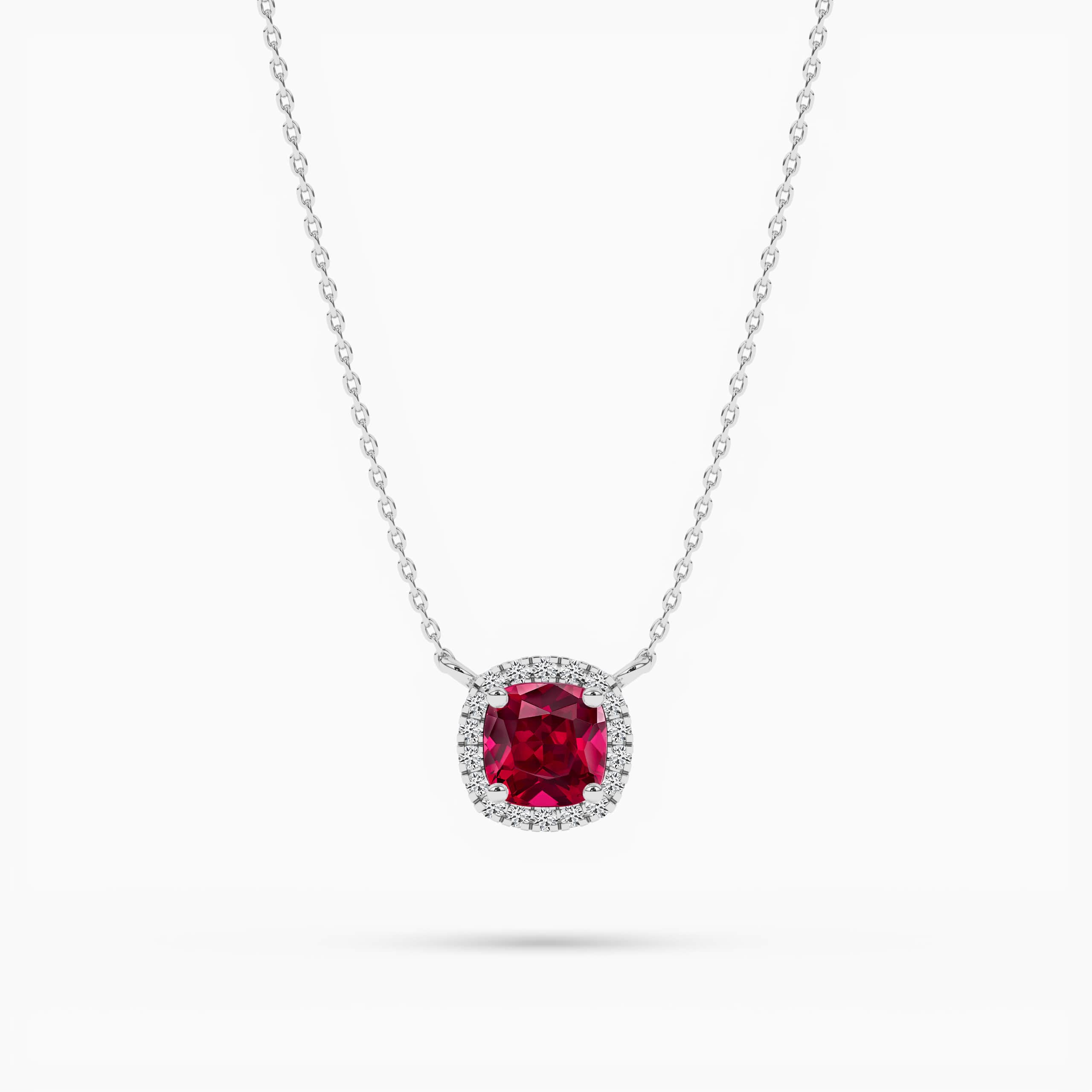 RUBY & DIAMOND HALO CUSHION PENDANT NECKLACE  WHITE GOLD 