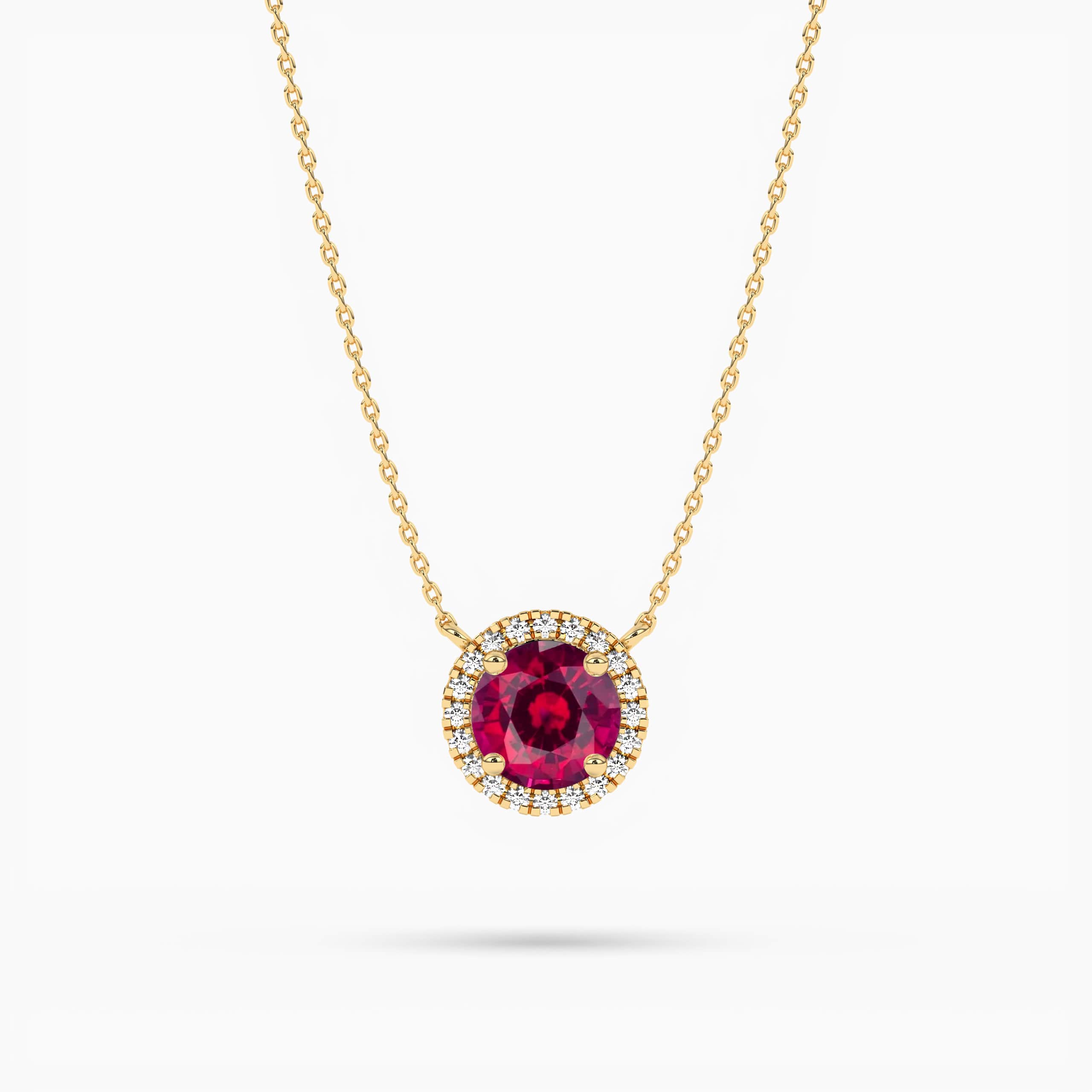 Yellow Gold July Birthstone Round Ruby & Diamond Halo Pendant Necklace