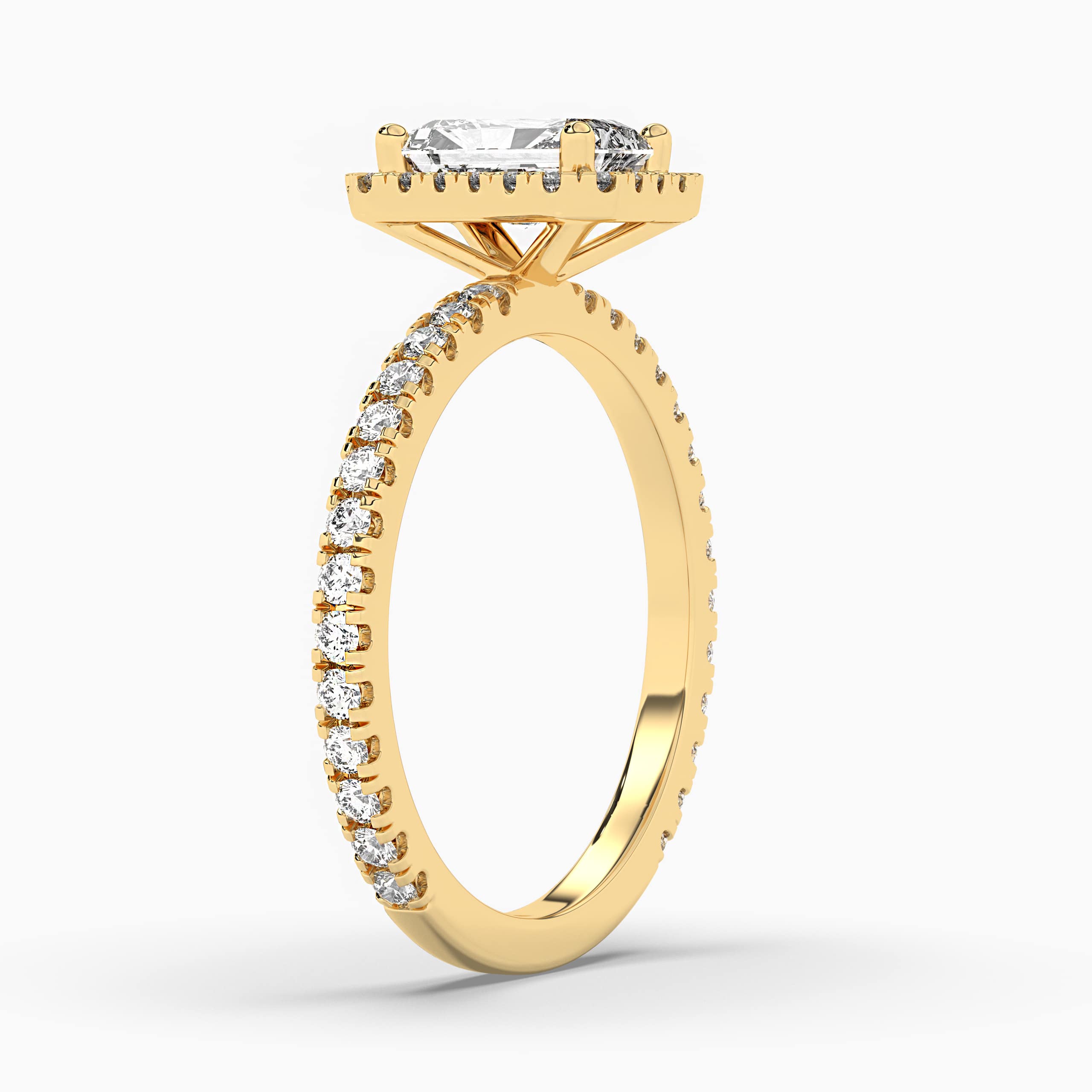  Radiant Cut Diamond Yellow Gold Halo Ring