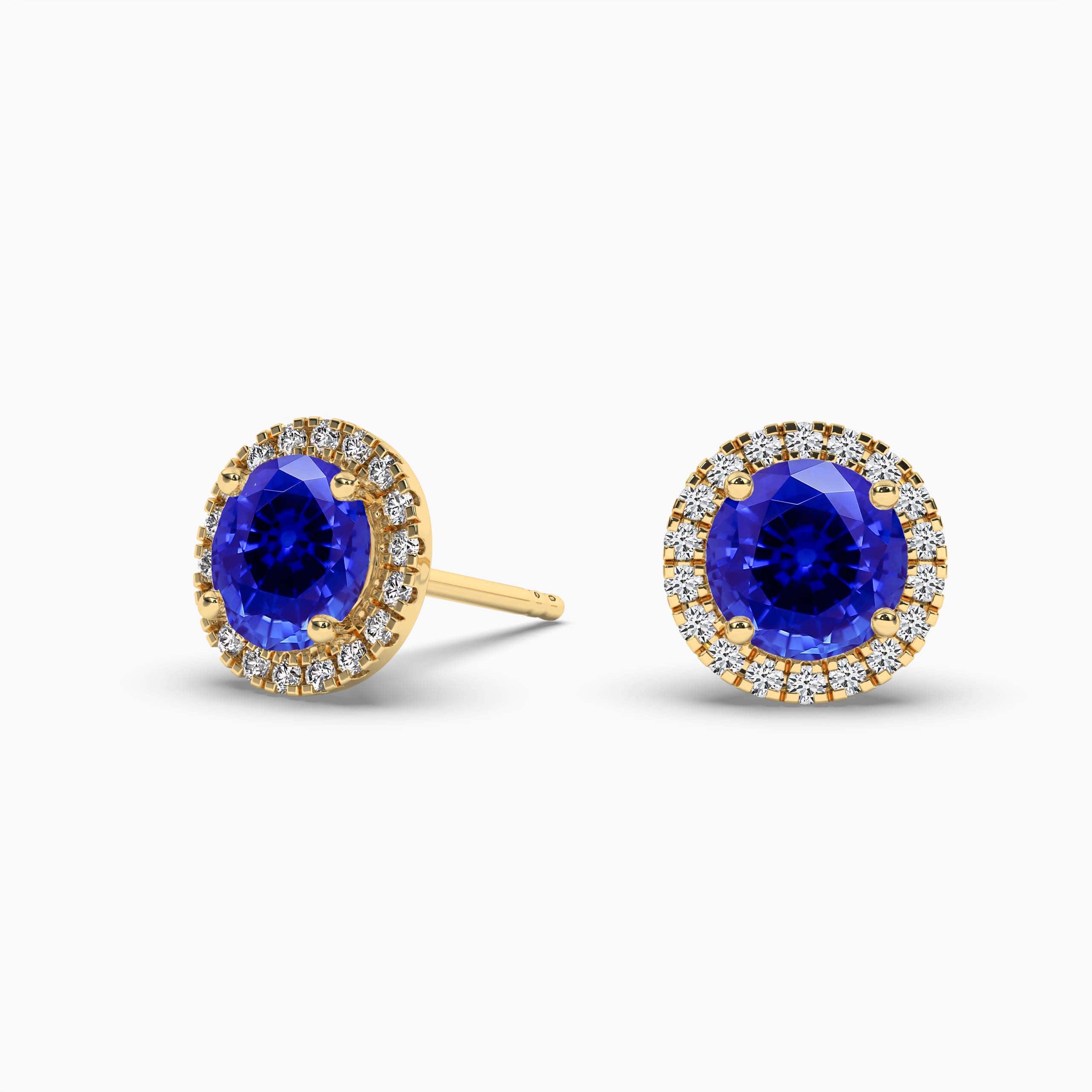Round Blue Sapphire Gemstone Halo Earrings in Yellow Gold