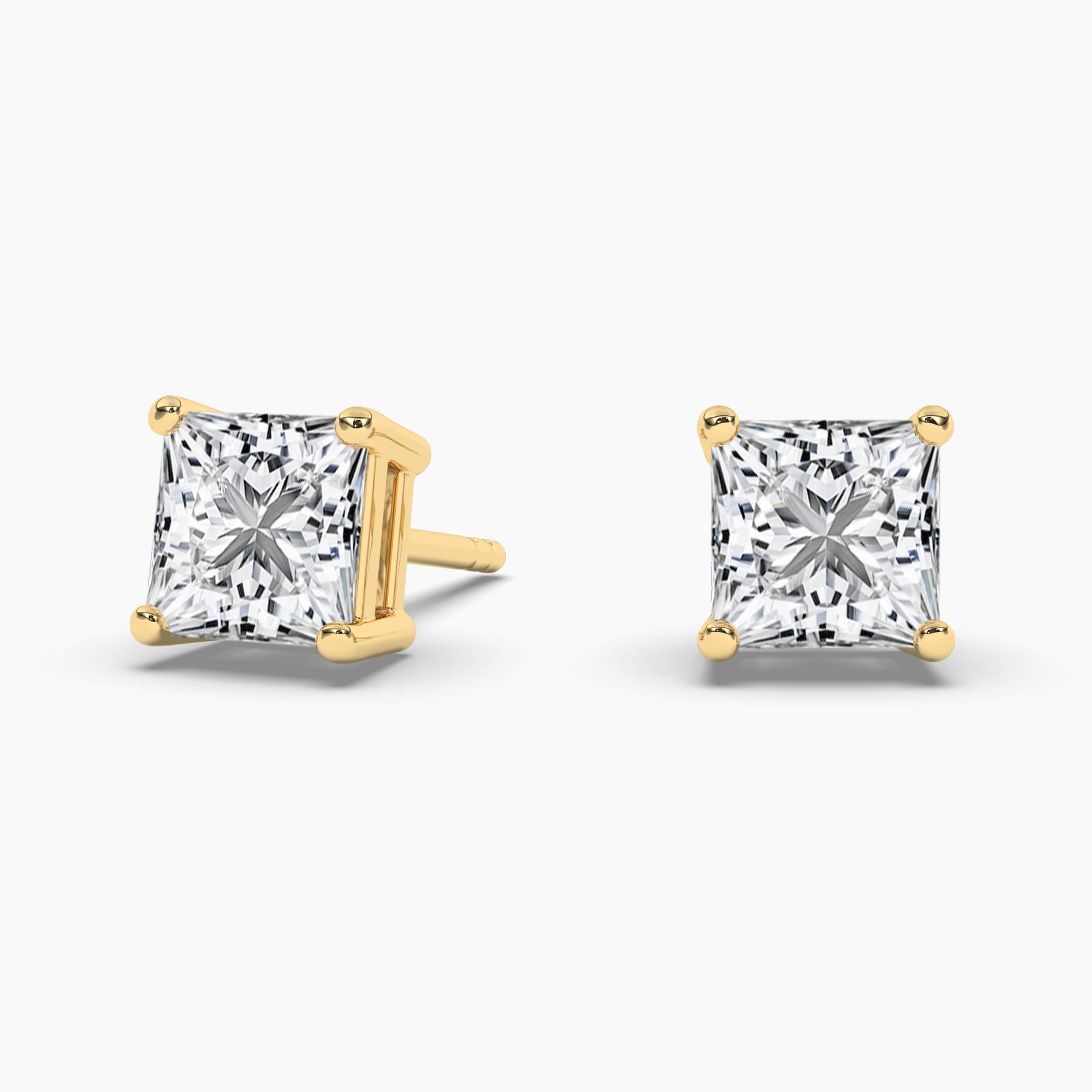 Princess Lab Grown Diamond Solitaire Certified Stud Earrings Yellow Gold