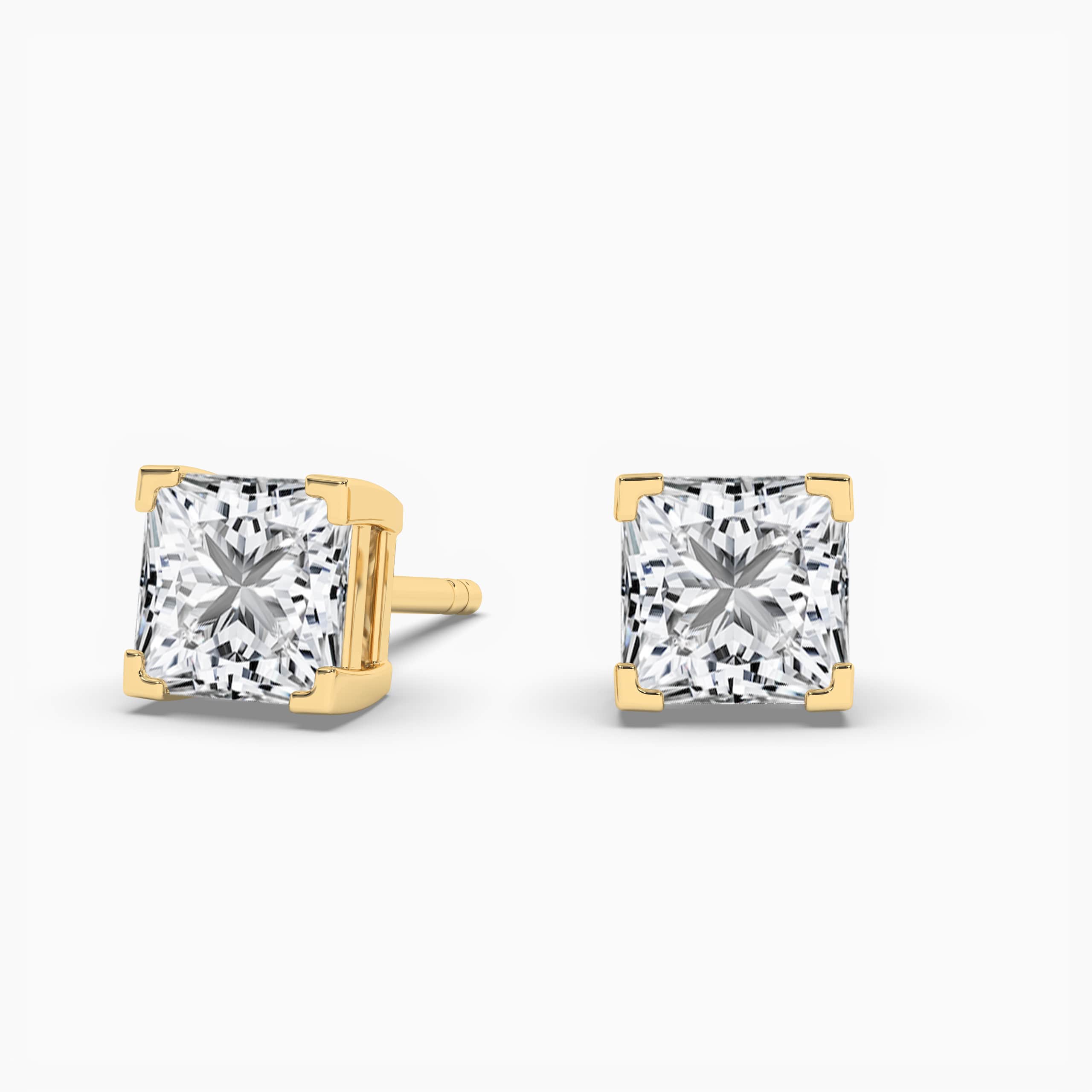  Yellow Gold Princess Diamond Stud Earrings