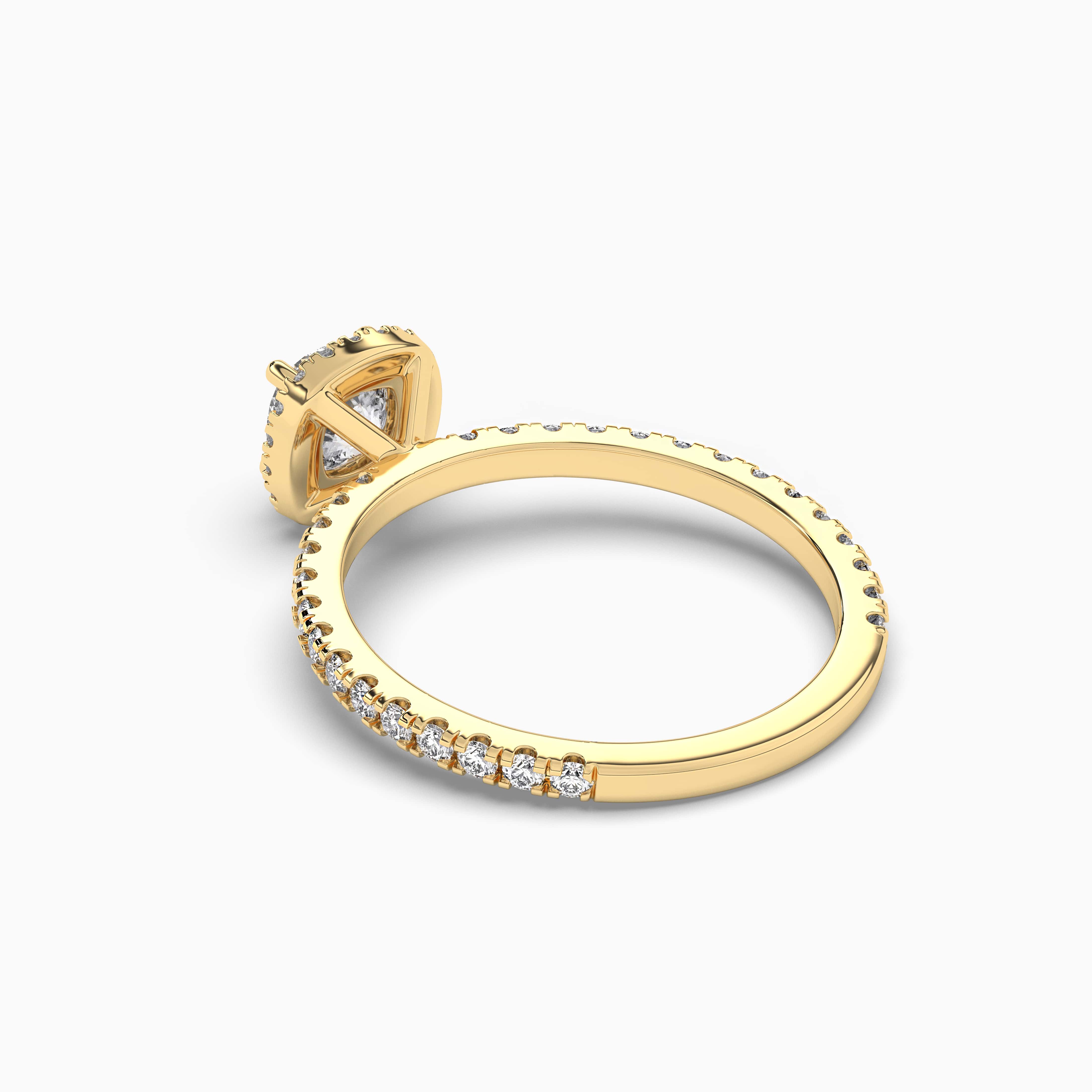 CUSHION CUT DIAMOND ENGAGEMENT RING WITH A DOUBLE HALO THREE PHASES SLIM SETTING IN YELLOW GOLD