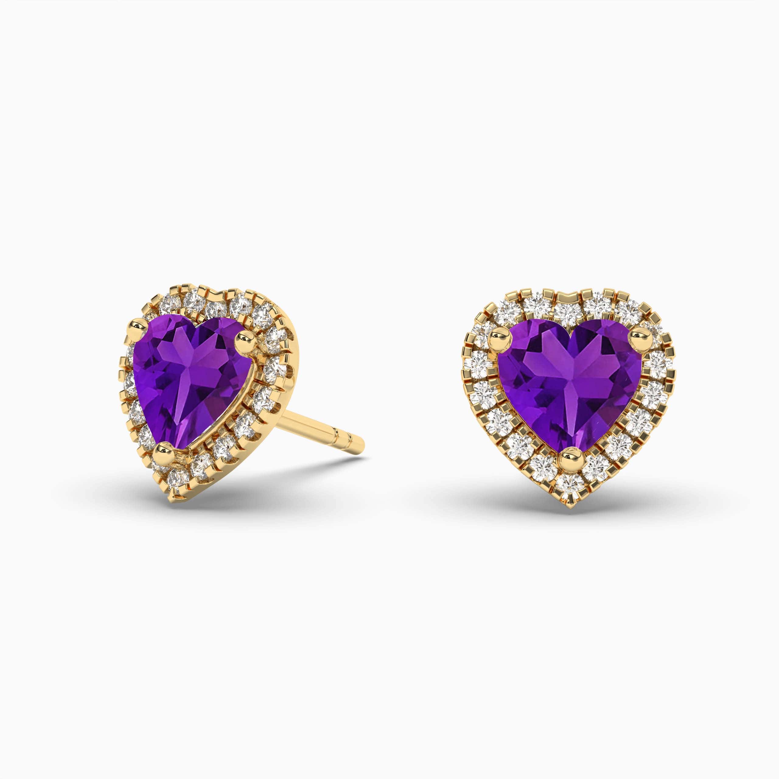 Heart Cut Created Amethyst Halo Stud Earrings Yellow Gold 