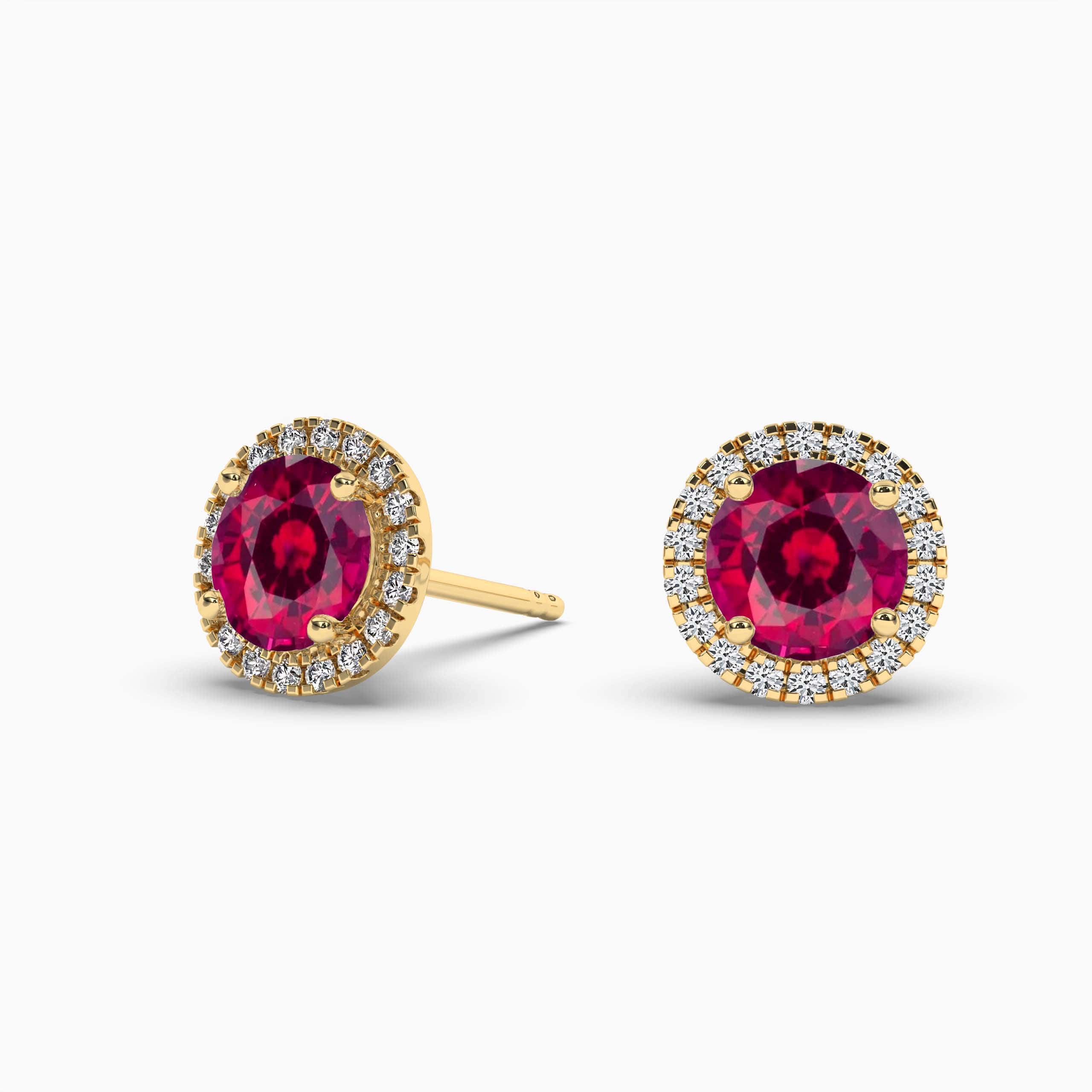 Yellow Gold Round Halo Ruby And Diamond Stud Earrings