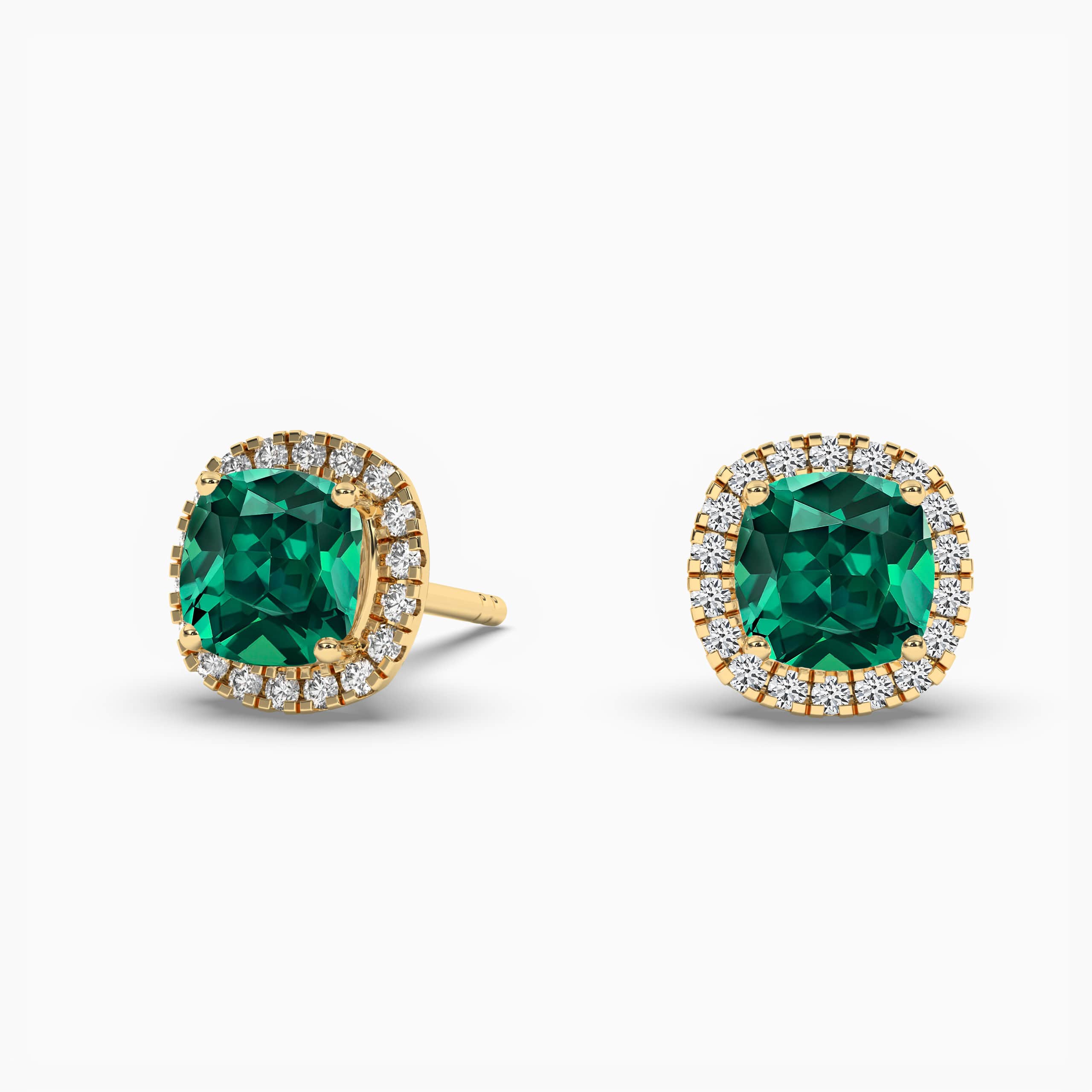 CUSHION CUT EMERALD & DIAMOND HALO EARRINGS YELLOW GOLD