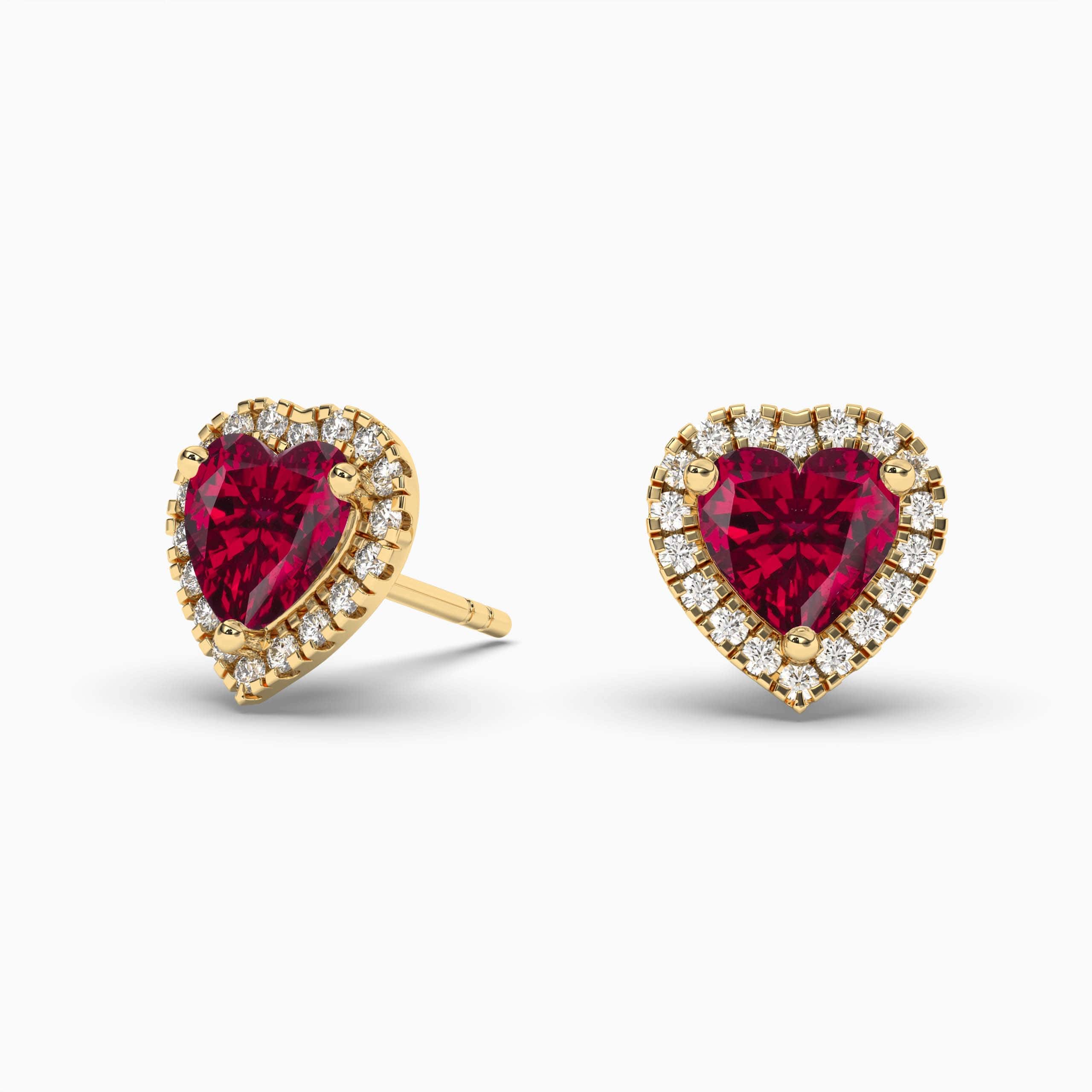 Heart Cut Red Ruby Halo Stud Earrings Yellow Gold