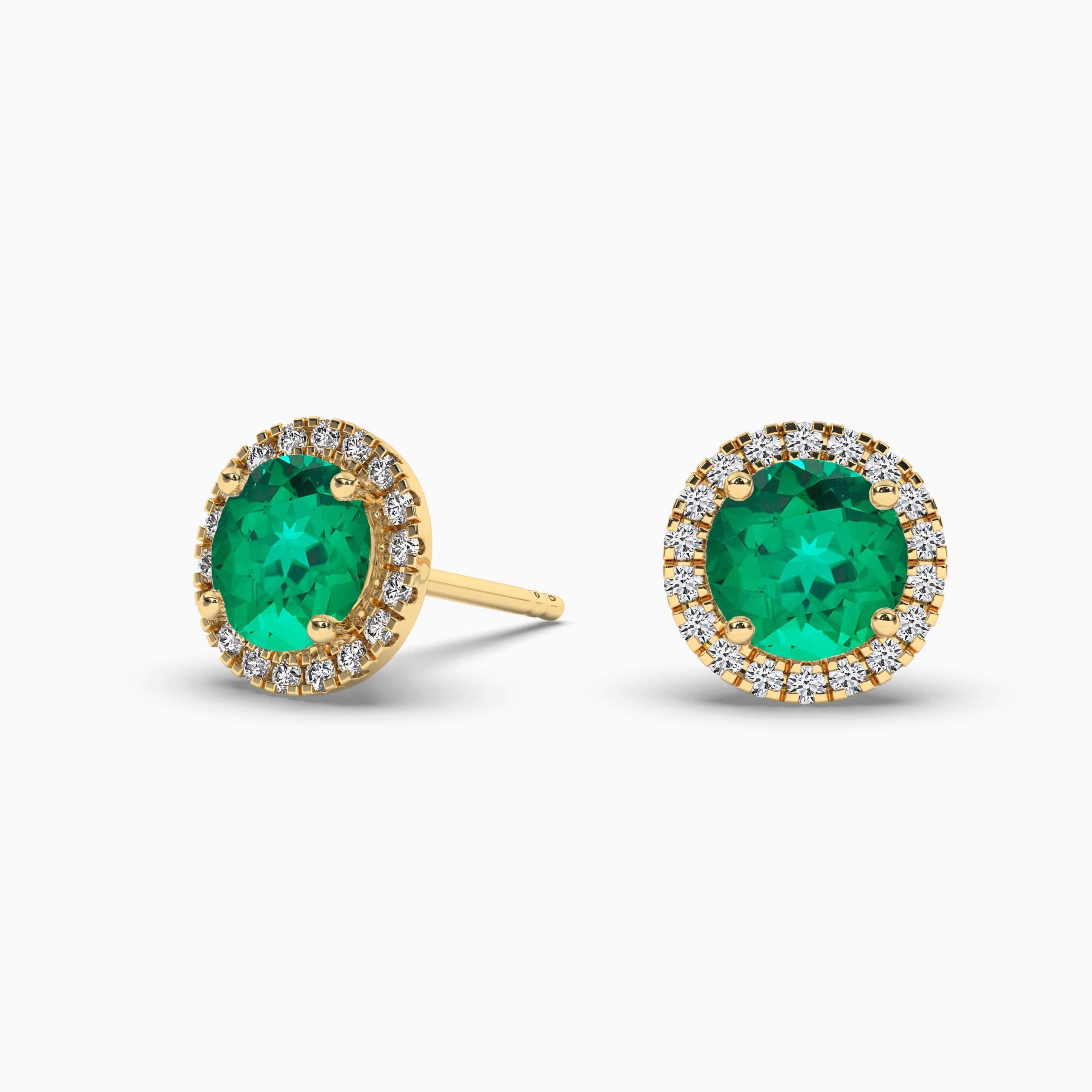 Round Emerald Diamond Halo Yellow Gold Stud Earrings