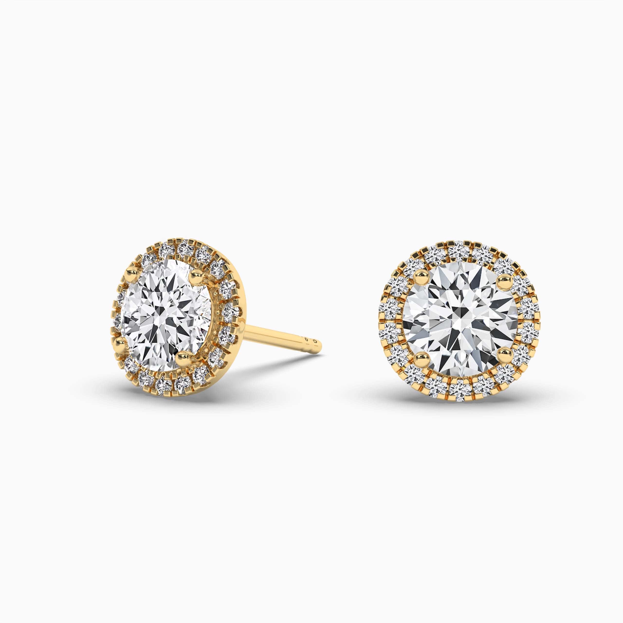 Diamond Halo Stud Earrings Round-Cut Yellow Gold