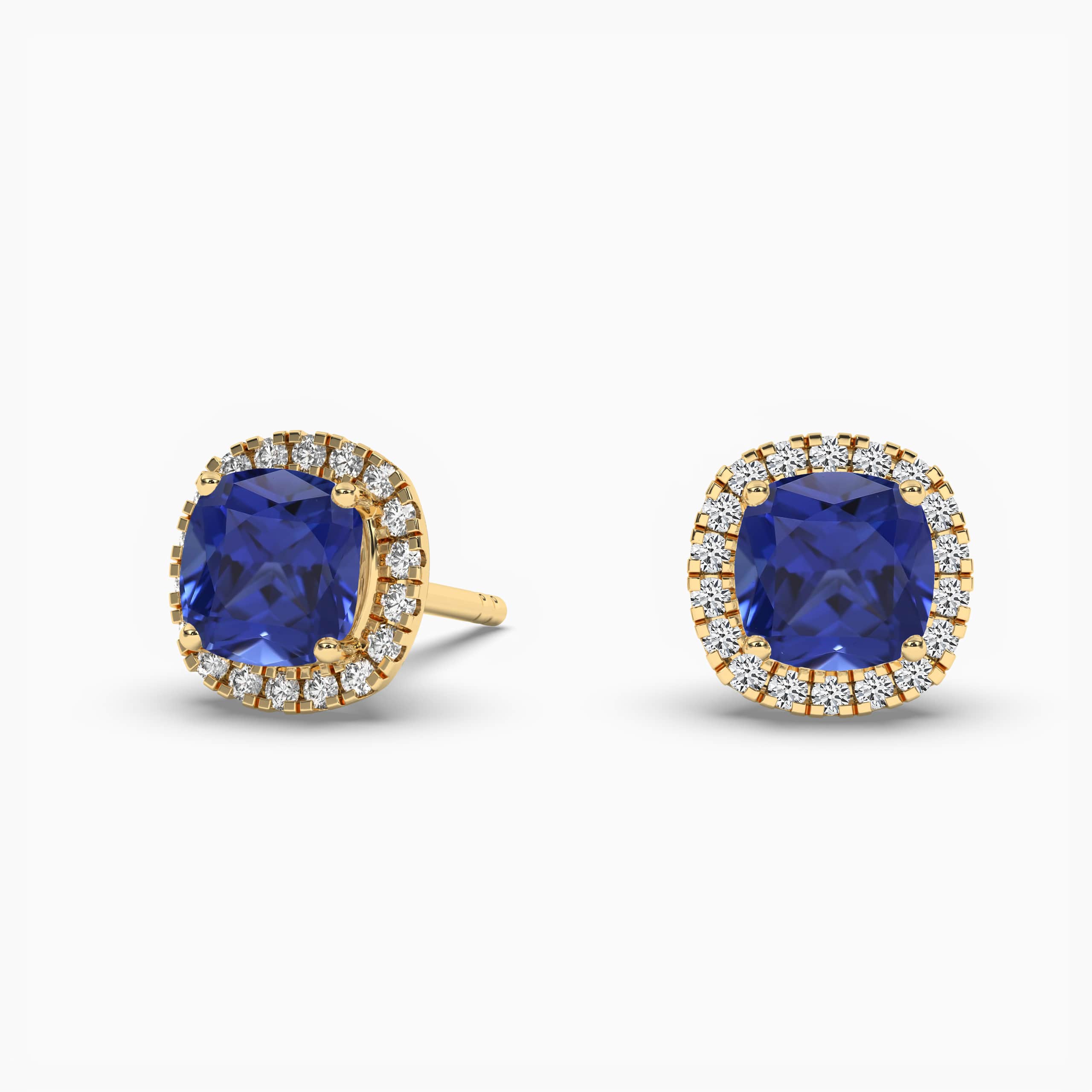 Cushion Cut Lab Created Blue Sapphire & Round Diamond Halo Stud Earrings Yellow Gold 