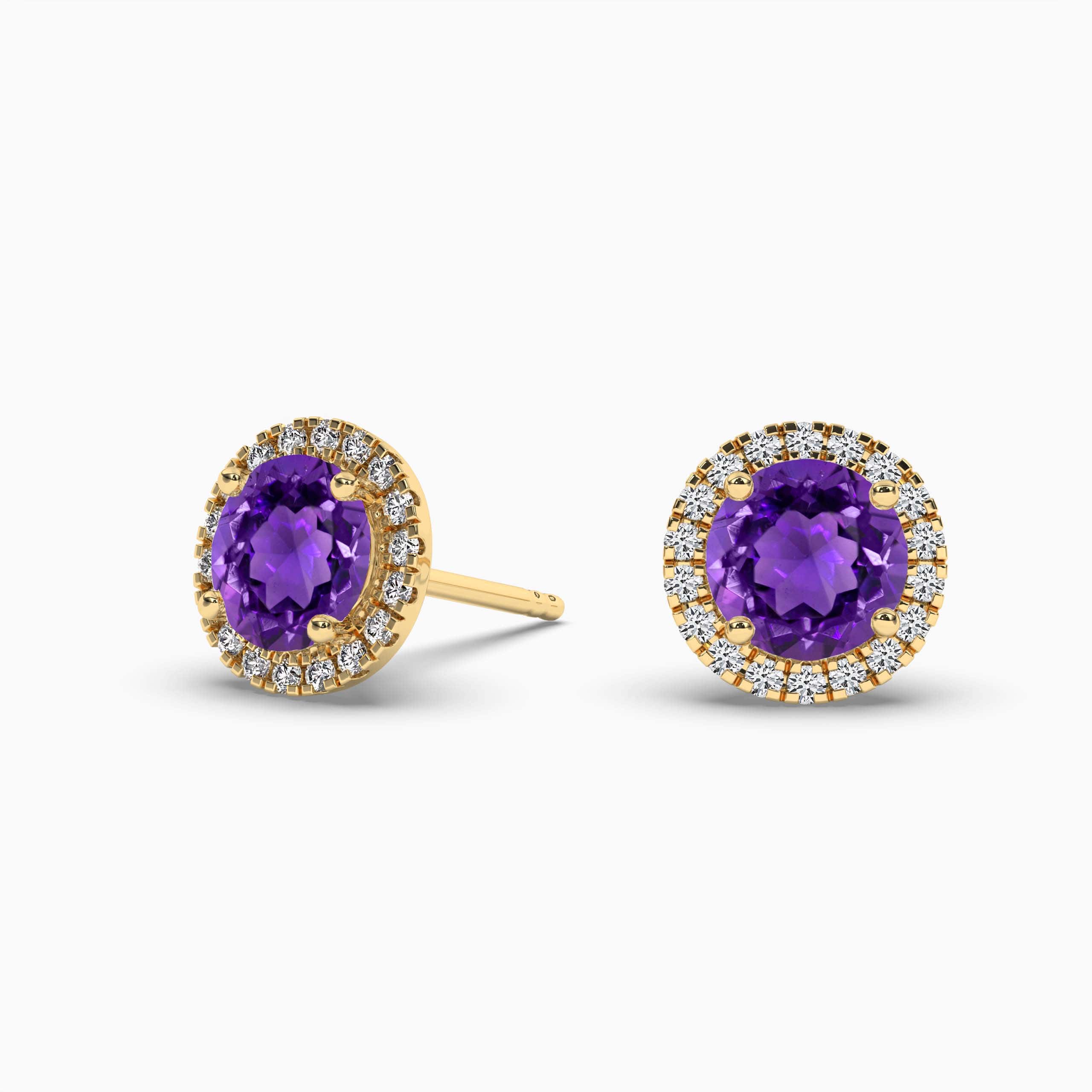 Round Amethyst & Diamond Halo Stud Earrings in Yellow Gold