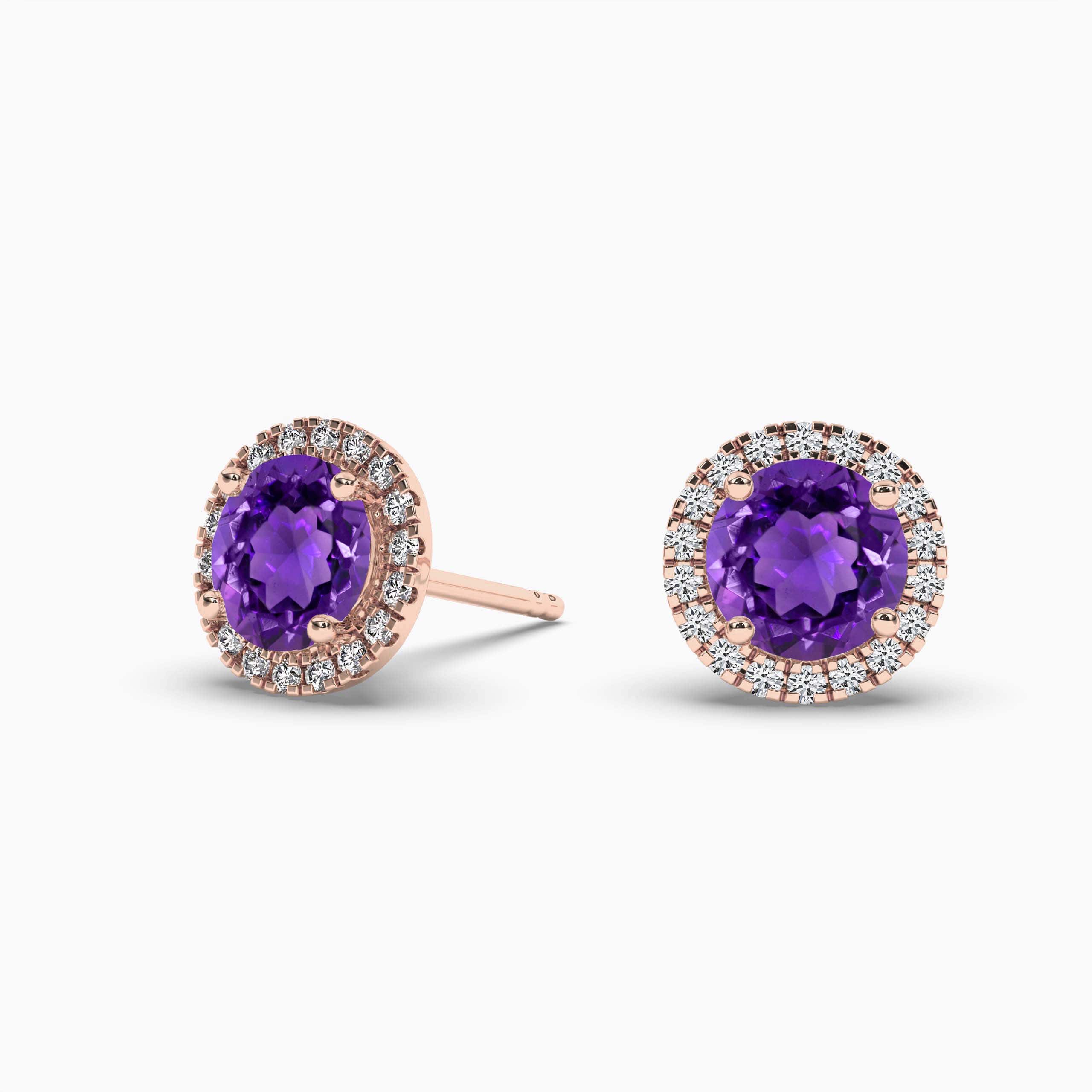 AMETHYST & DIAMOND HALO ROUND EARRINGS ROSE GOLD