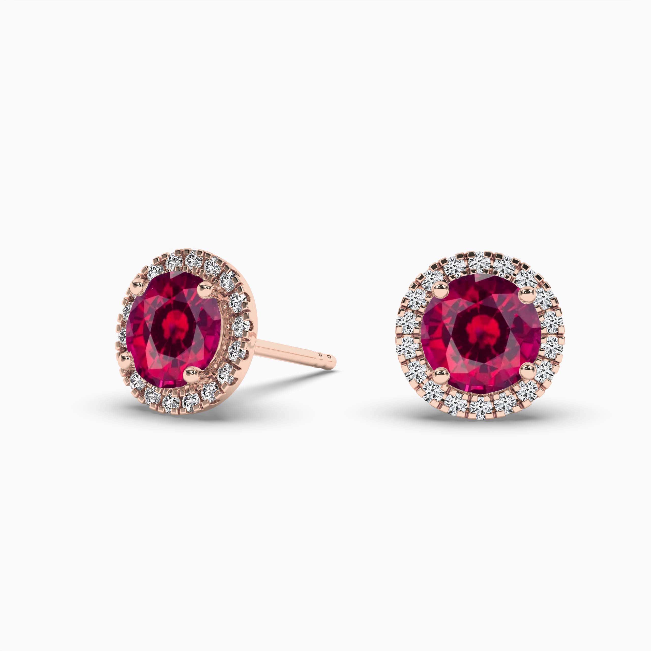 Rose Gold Round Ruby Gemstone Earrings in Halo