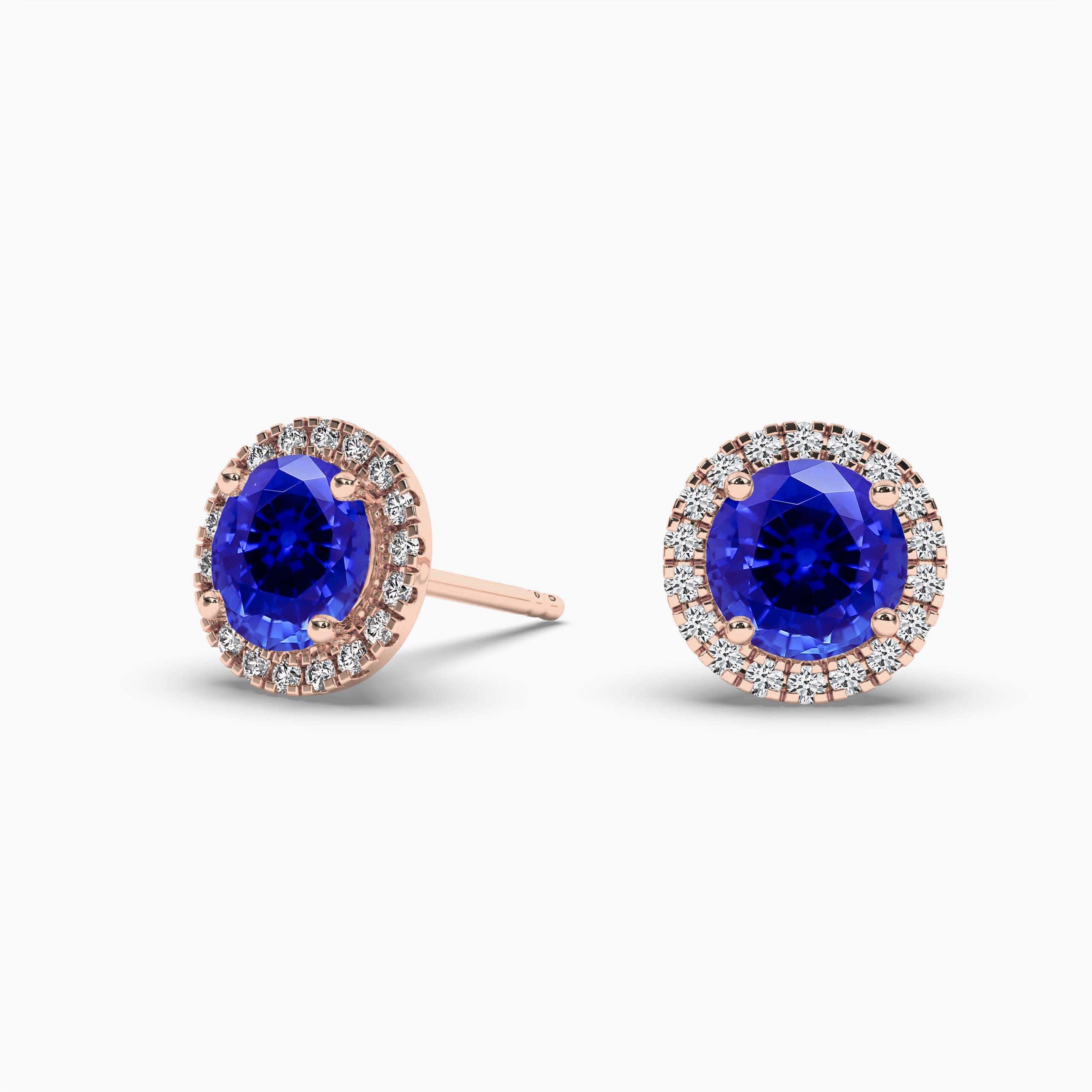 Rose Gold Round Halo Diamond & Sapphire Earrings