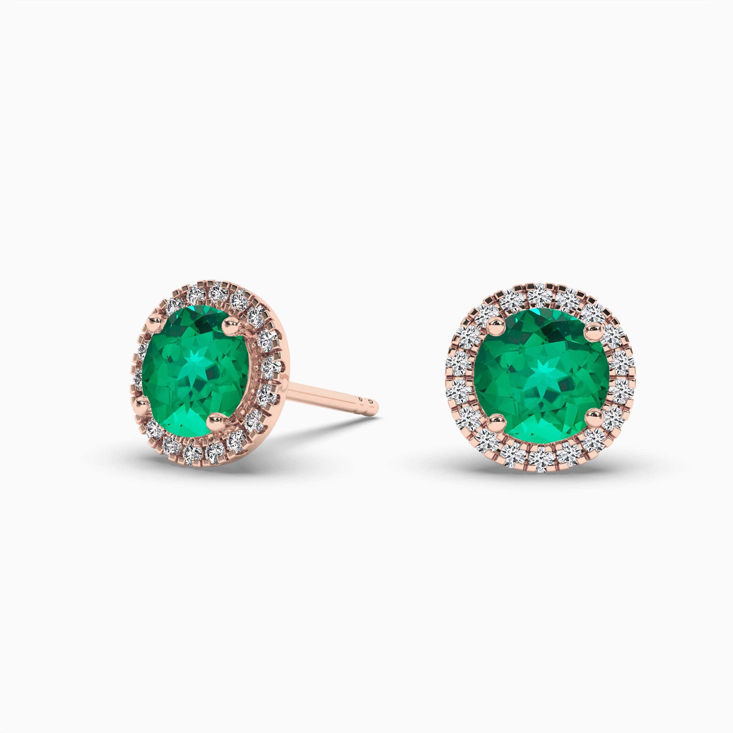 Round Shape Flower Emerald and Diamond Halo Stud Earrings In Rose Gold