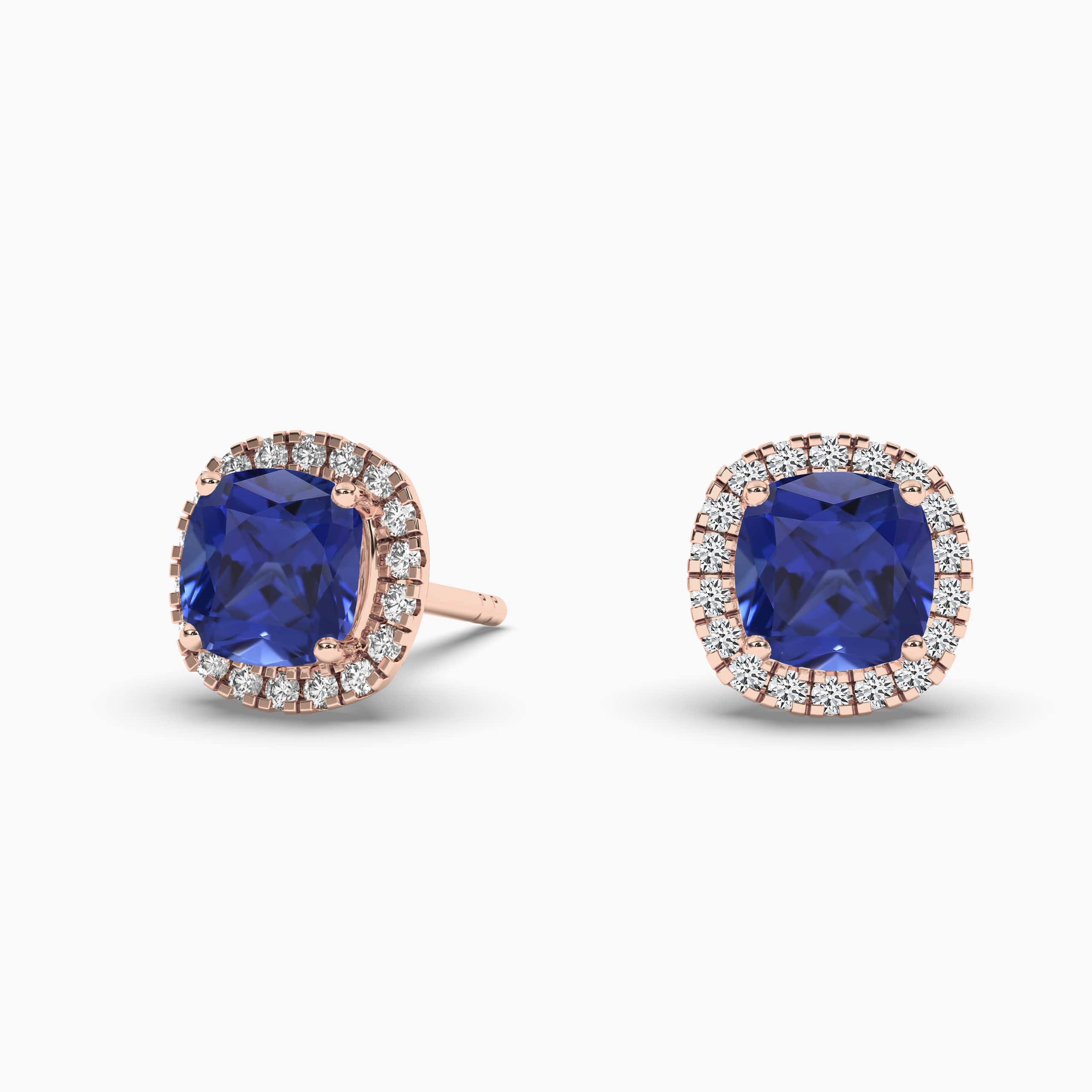 HALO CUSHION BLUE SAPPHIRE & DIAMOND EARRINGS ROSE GOLD 