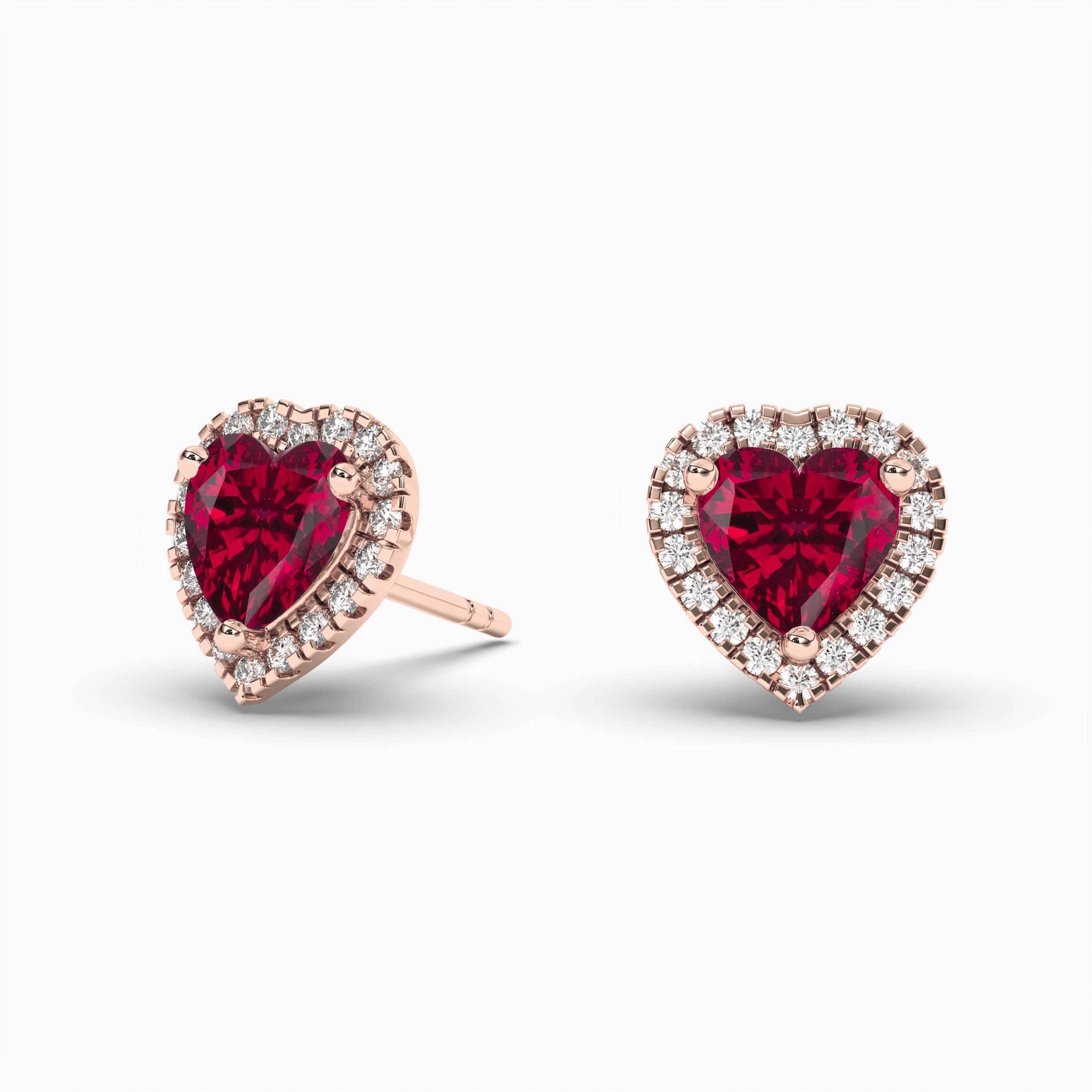 Heart Shaped Ruby Diamond Halo Stud Earring Rose Gold