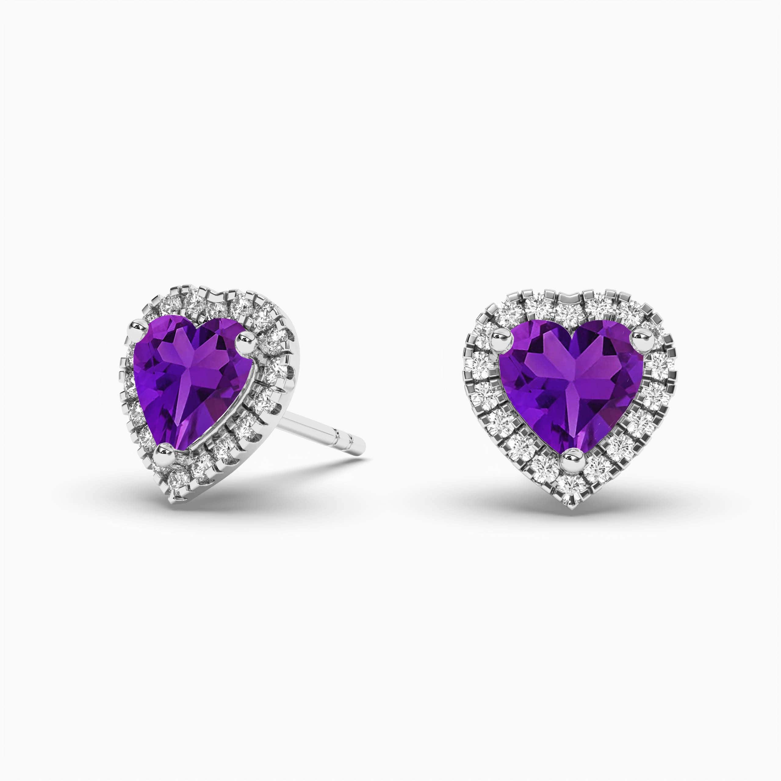 Heart Cut Lab Created Amethyst Halo Stud Earrings White Gold