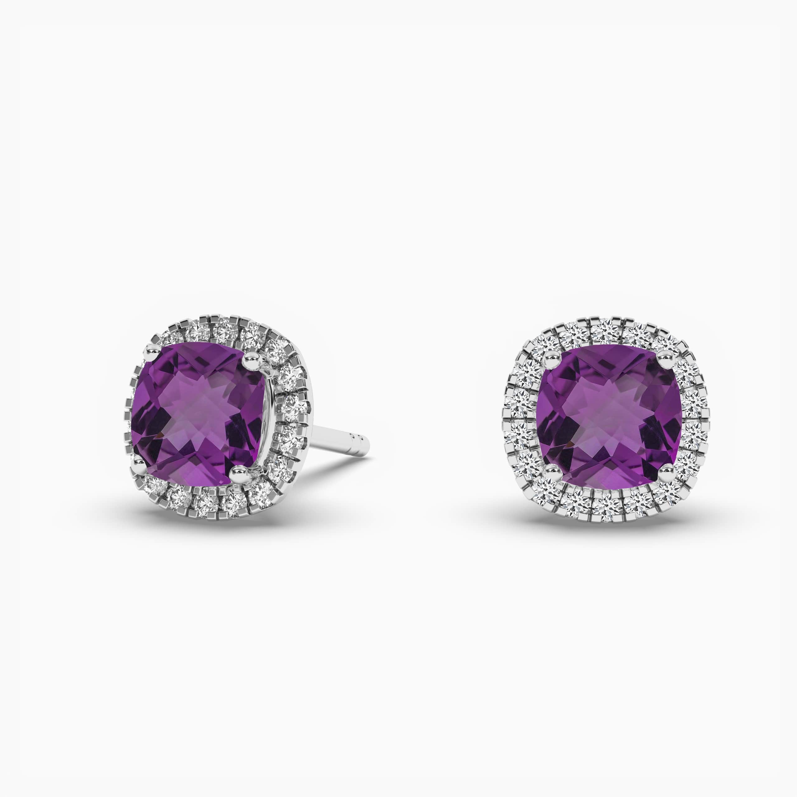 Cushion Cut Amethyst and Diamond Halo Stud Earrings