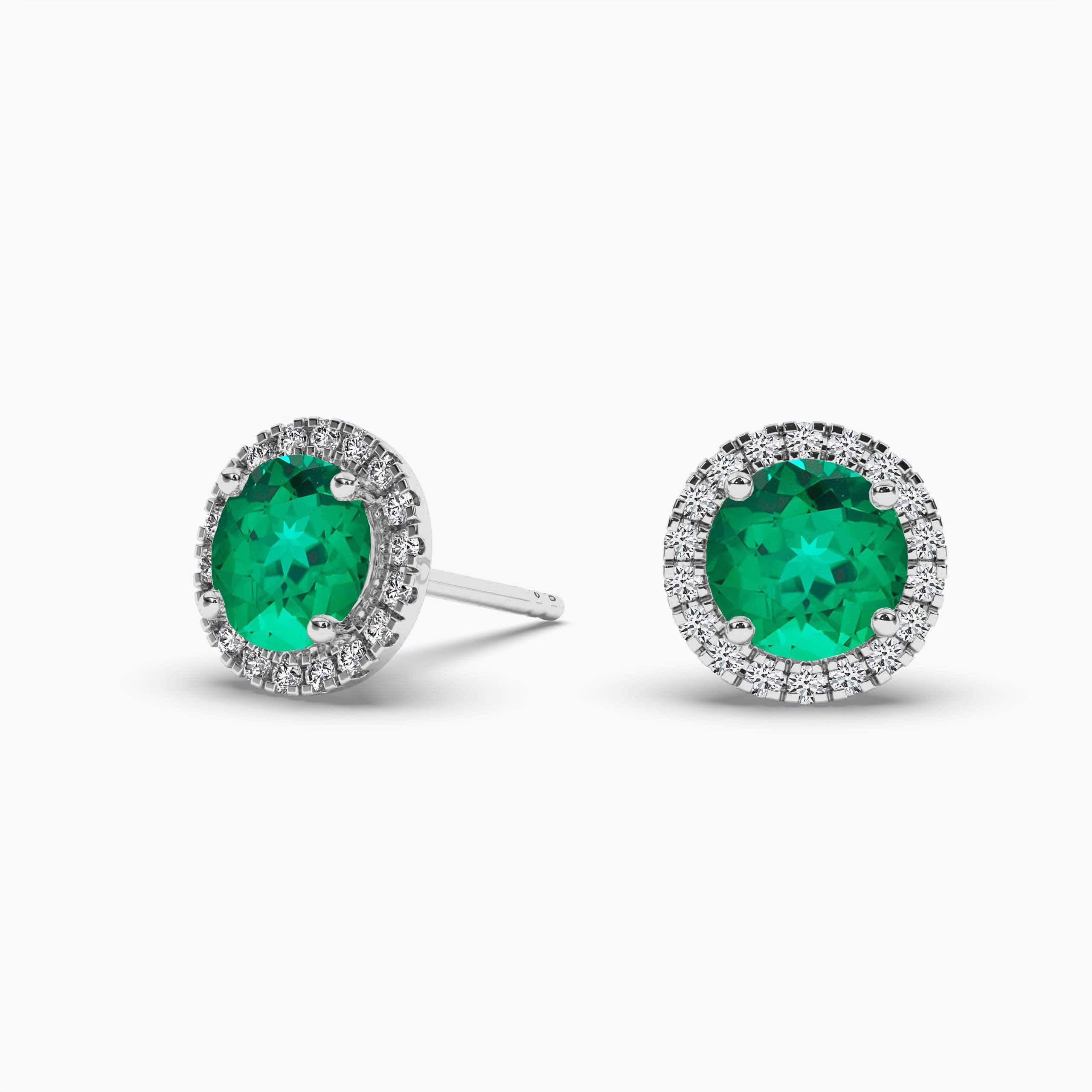 May Birthstone Natural Emerald Halo Stud Diamond Earrings White Gold