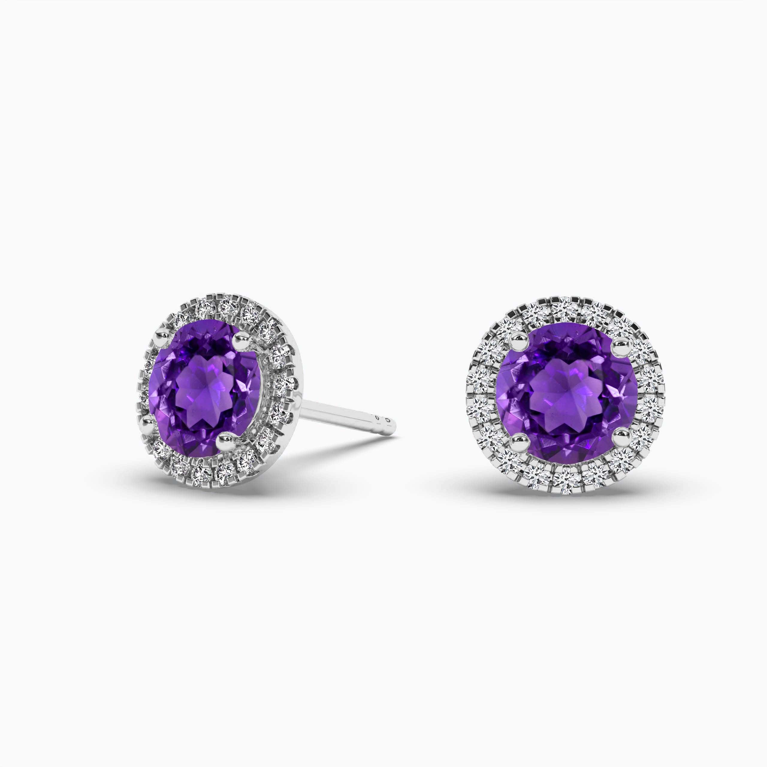 White Gold Amethyst and Diamond Halo Stud Earrings