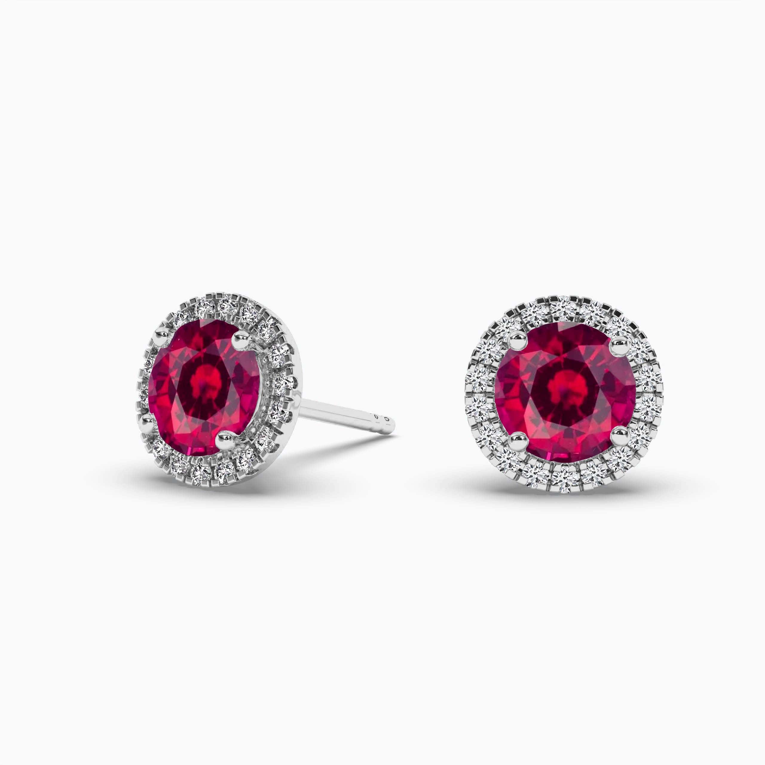 White Gold Round Diamond Halo Ruby Stud Earrings