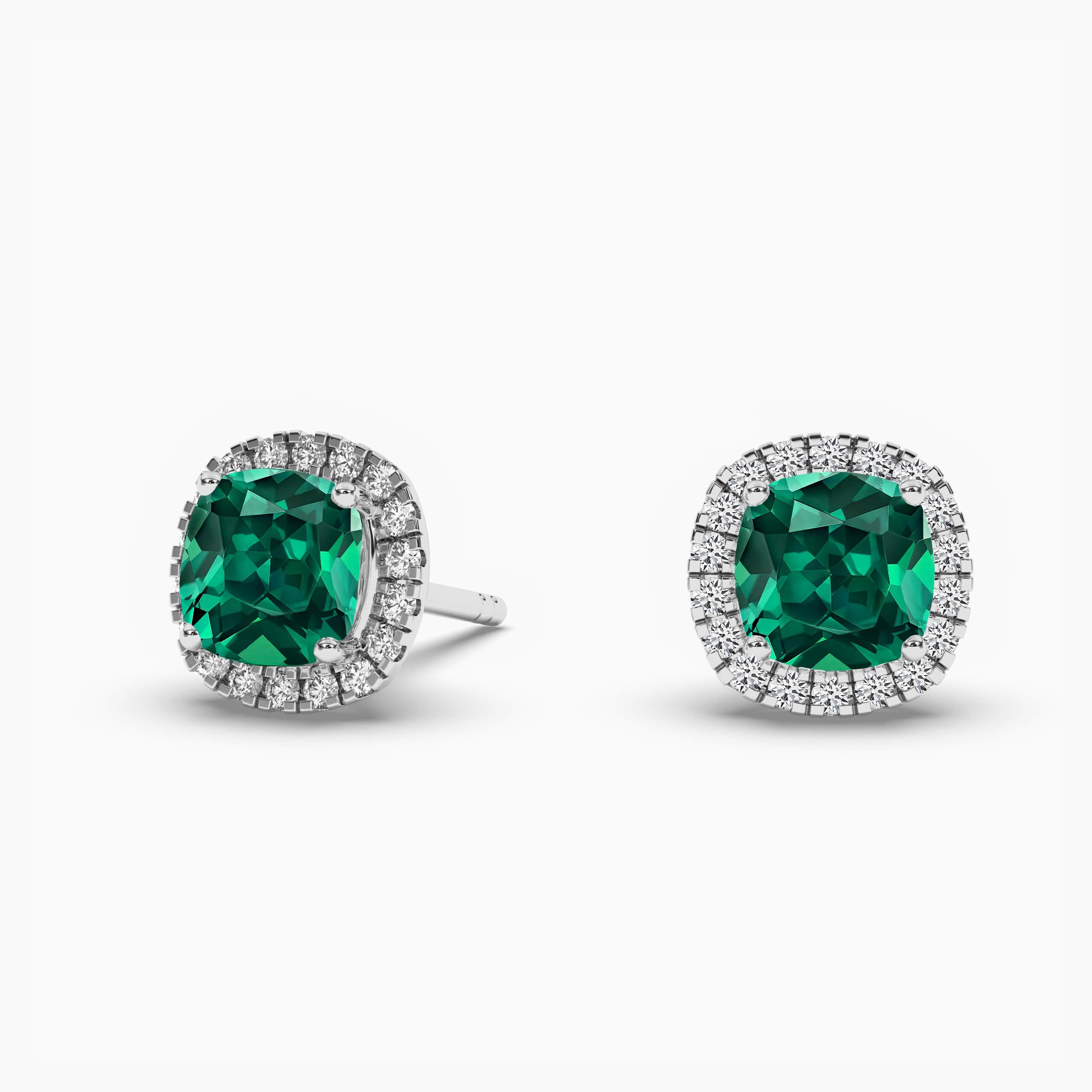  Emerald & Lab Grown Diamond Cushion Halo Studs White Gold