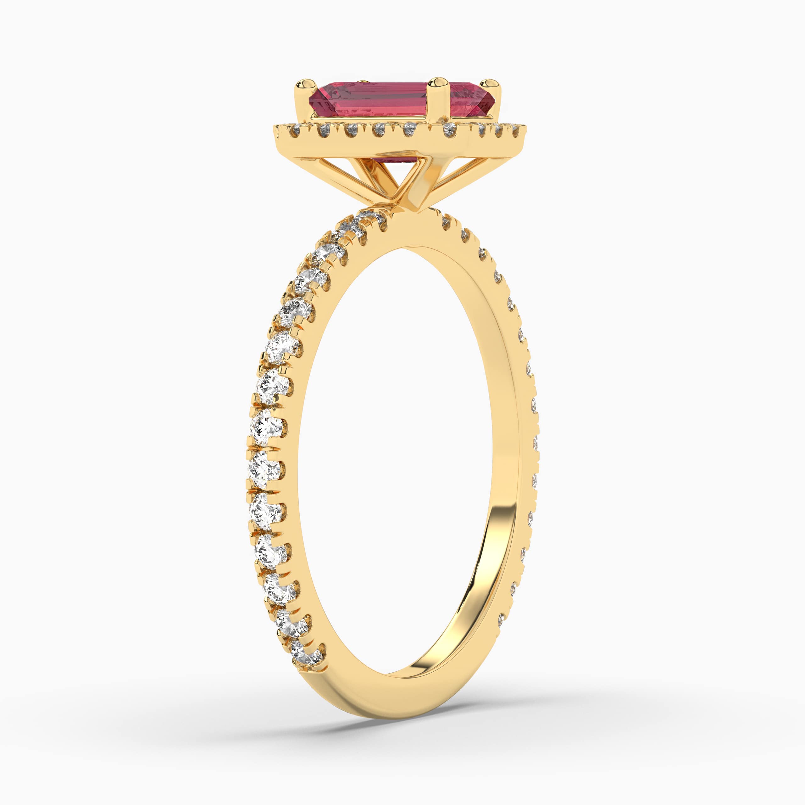 YELLOW GOLD EMERALD CUT RUBY AND DIAMOND HALO ENGAGEMENT RING