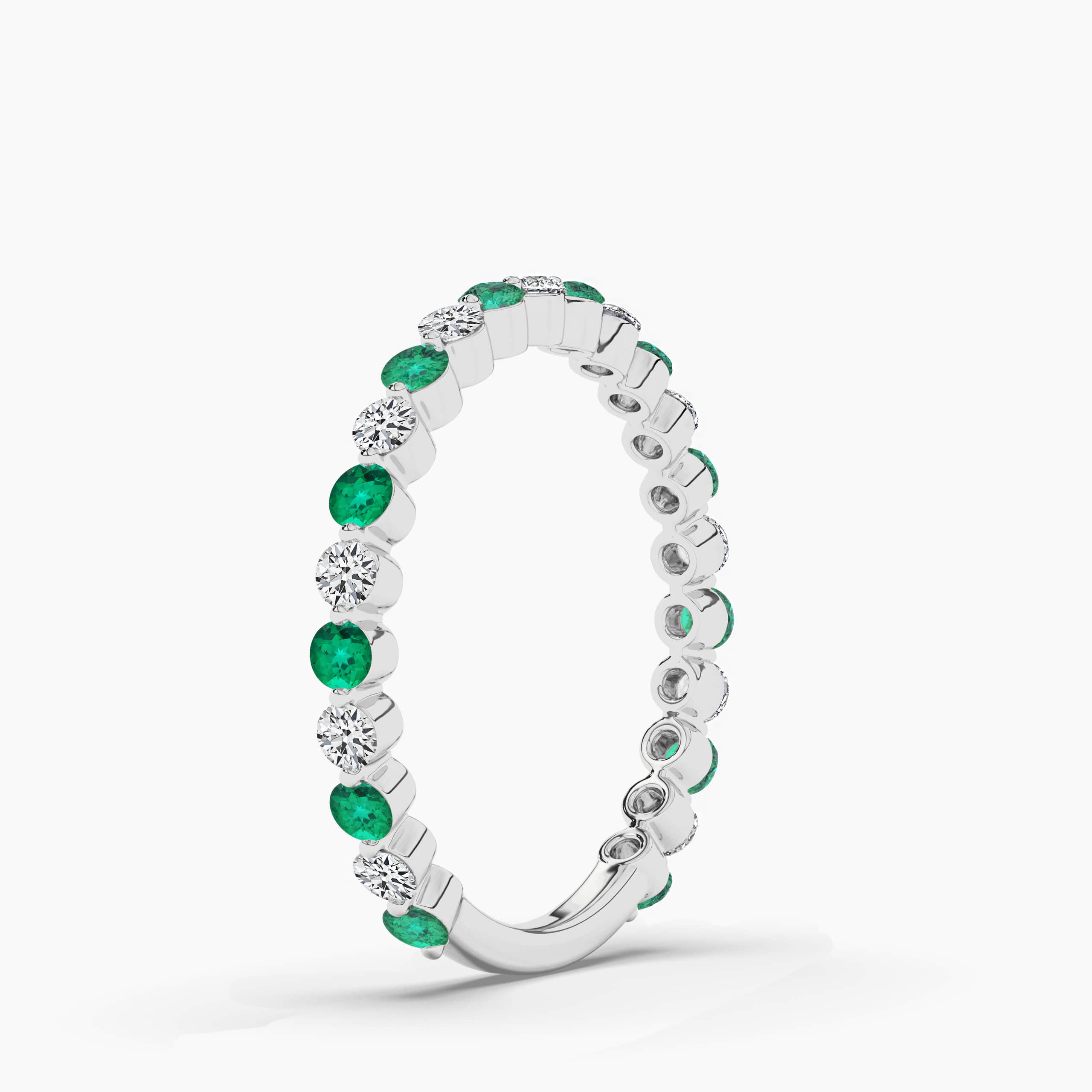 Round Cut Diamond Eternity Band with Green Emerald in White Gold