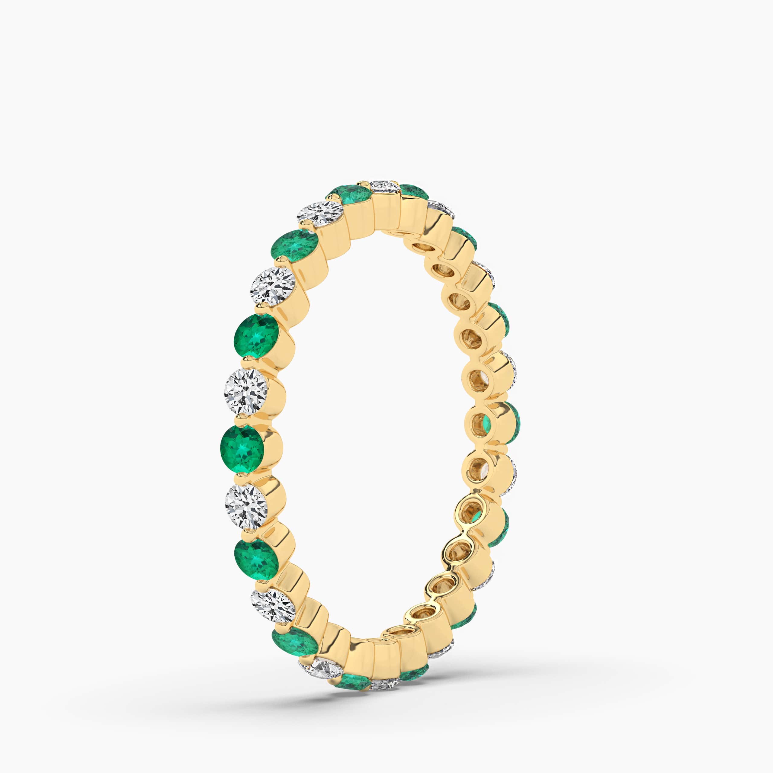 Round Cut Eternity Band with Green Emerald in Full Band For Wedding In Yellow Gold
