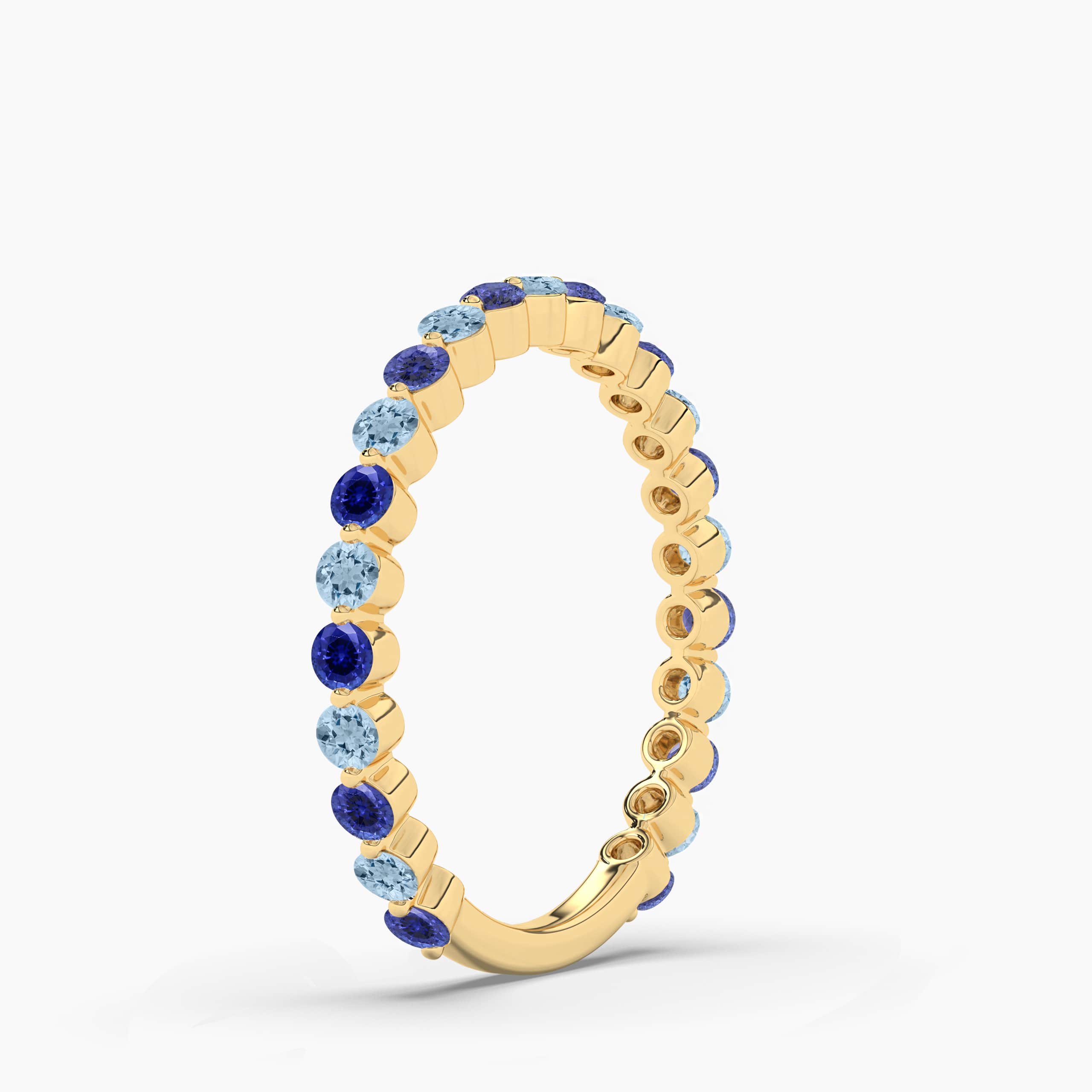 Yellow Gold Round Cut Blue Sapphire & White Aquamarine Half Eternity Wedding Band