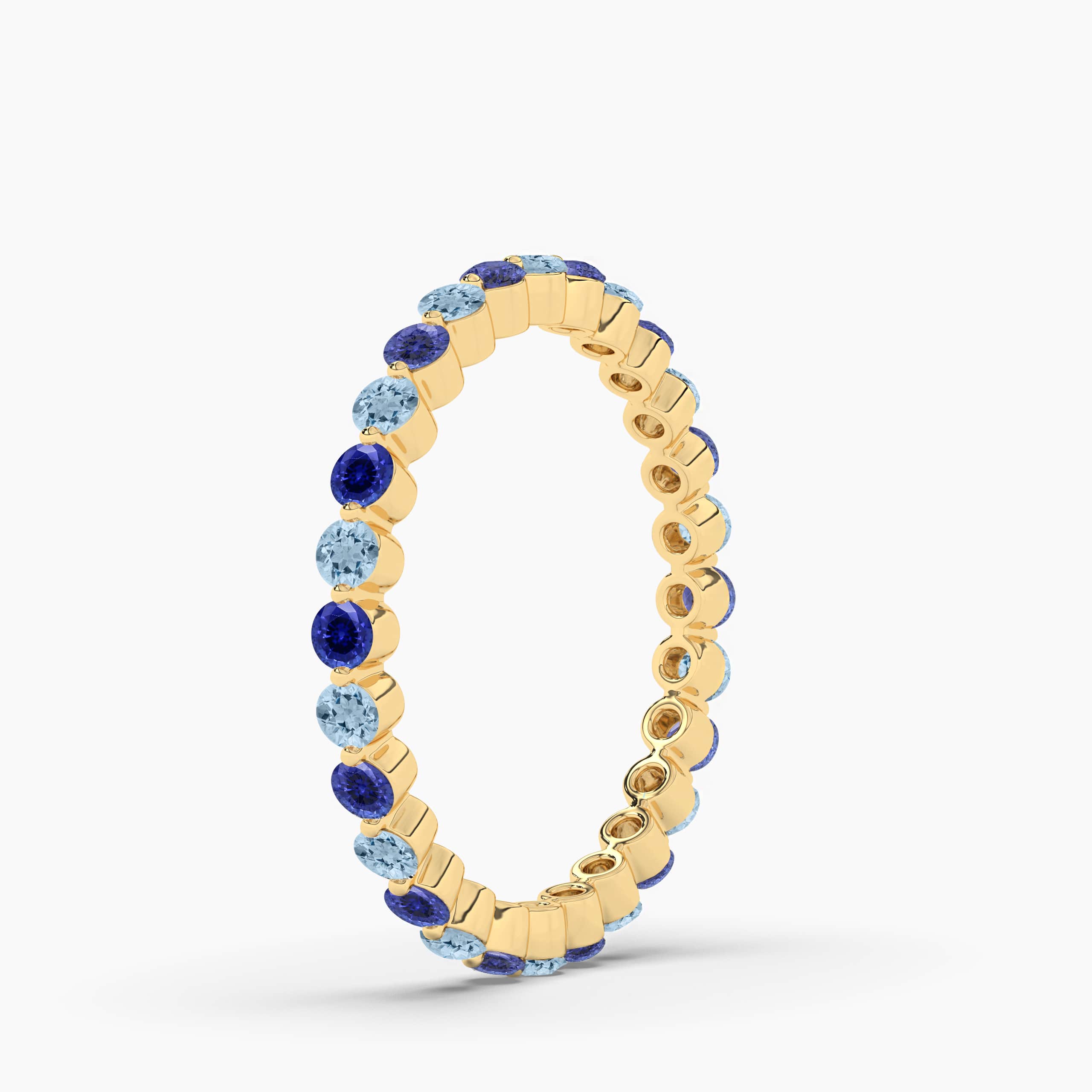 Round Cut Blue Sapphire & Aquamarine Half Eternity Wedding Band for Women In Yellow Gold