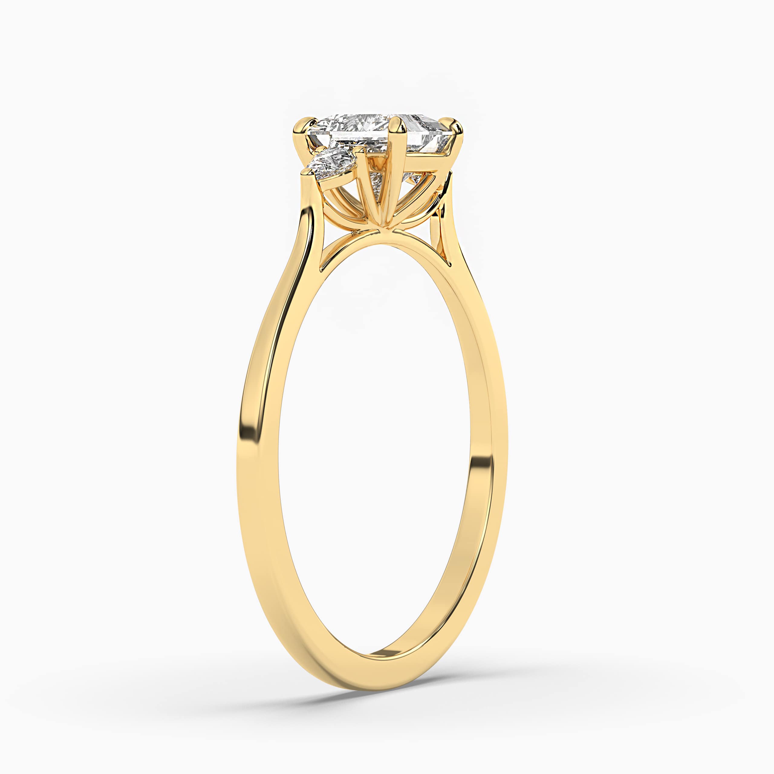 Three Stone Engagement Ring With Pear Side Stones and Princess Cut