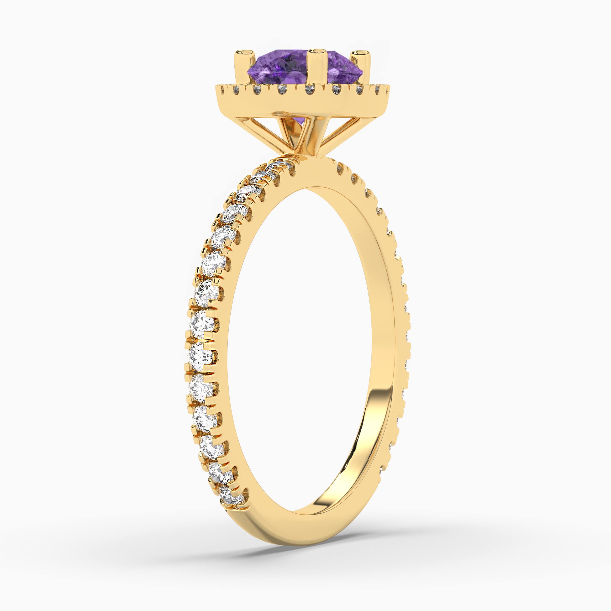 Yellow Gold Round Amethyst and Diamond Halo Ring