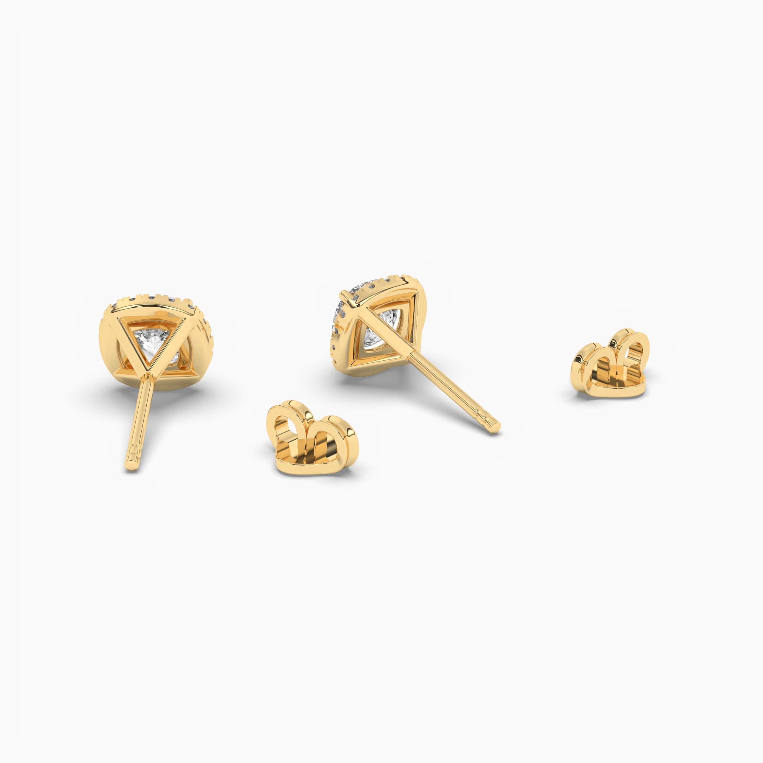 Cushion Cut Diamond Halo Cluster Stud Earrings  Yellow Gold