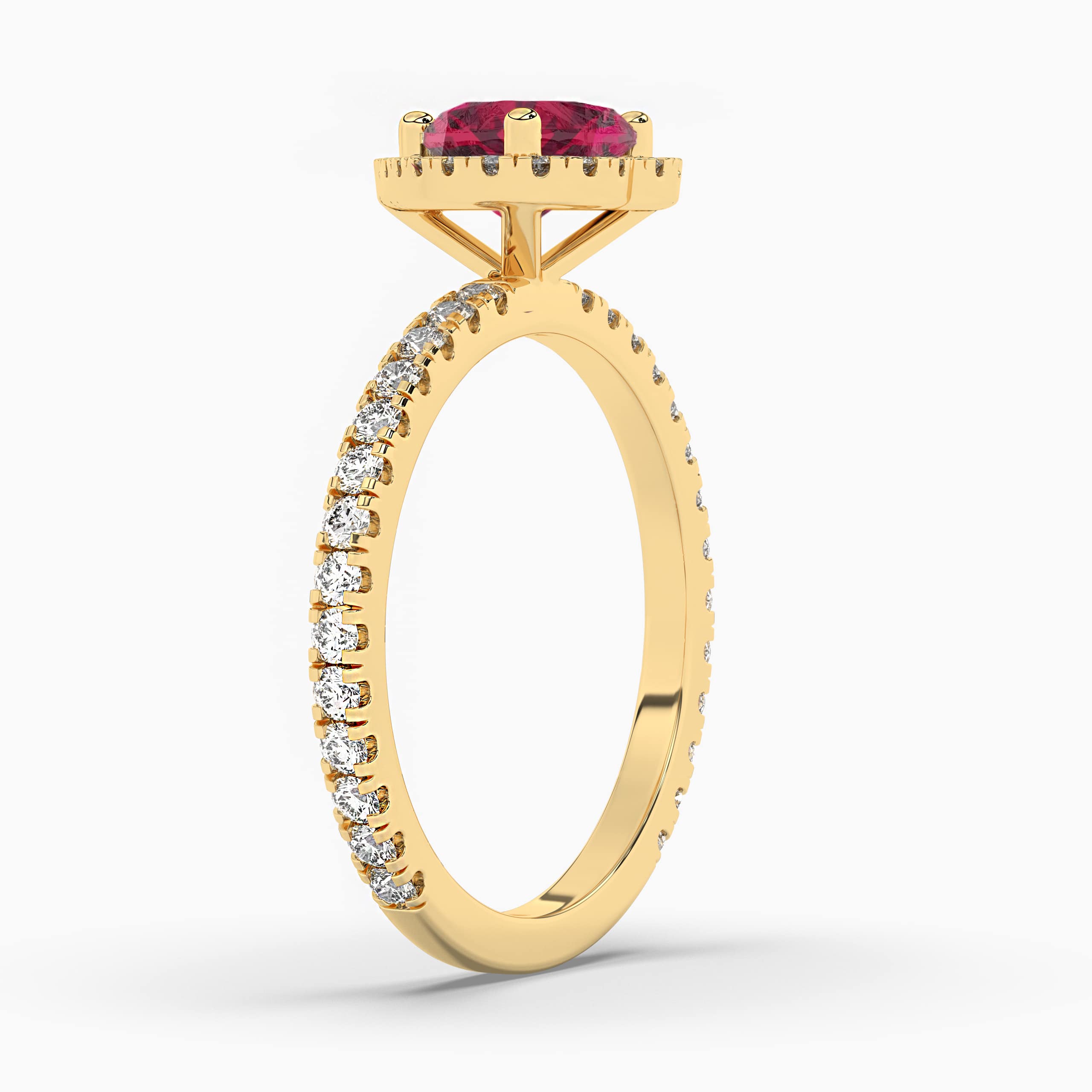 HEART SHAPED RUBY & DIAMOND HALO ENGAGEMENT RING YELLOW GOLD